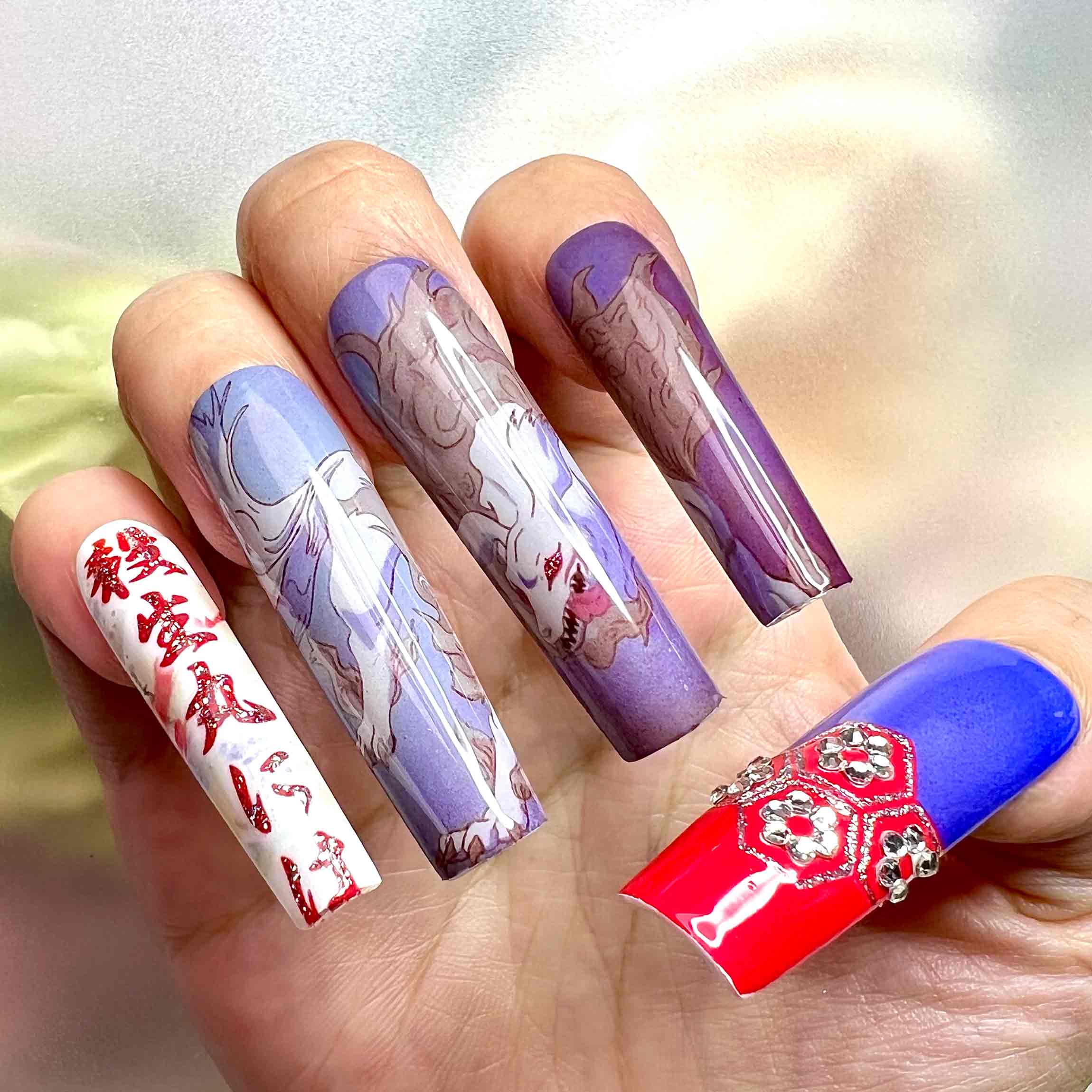 Sesshōmaru Nails – InuYasha Anime Press-On Set, 3D Red Gem &amp; Yōkai Demon Dog Design | Dragonnail