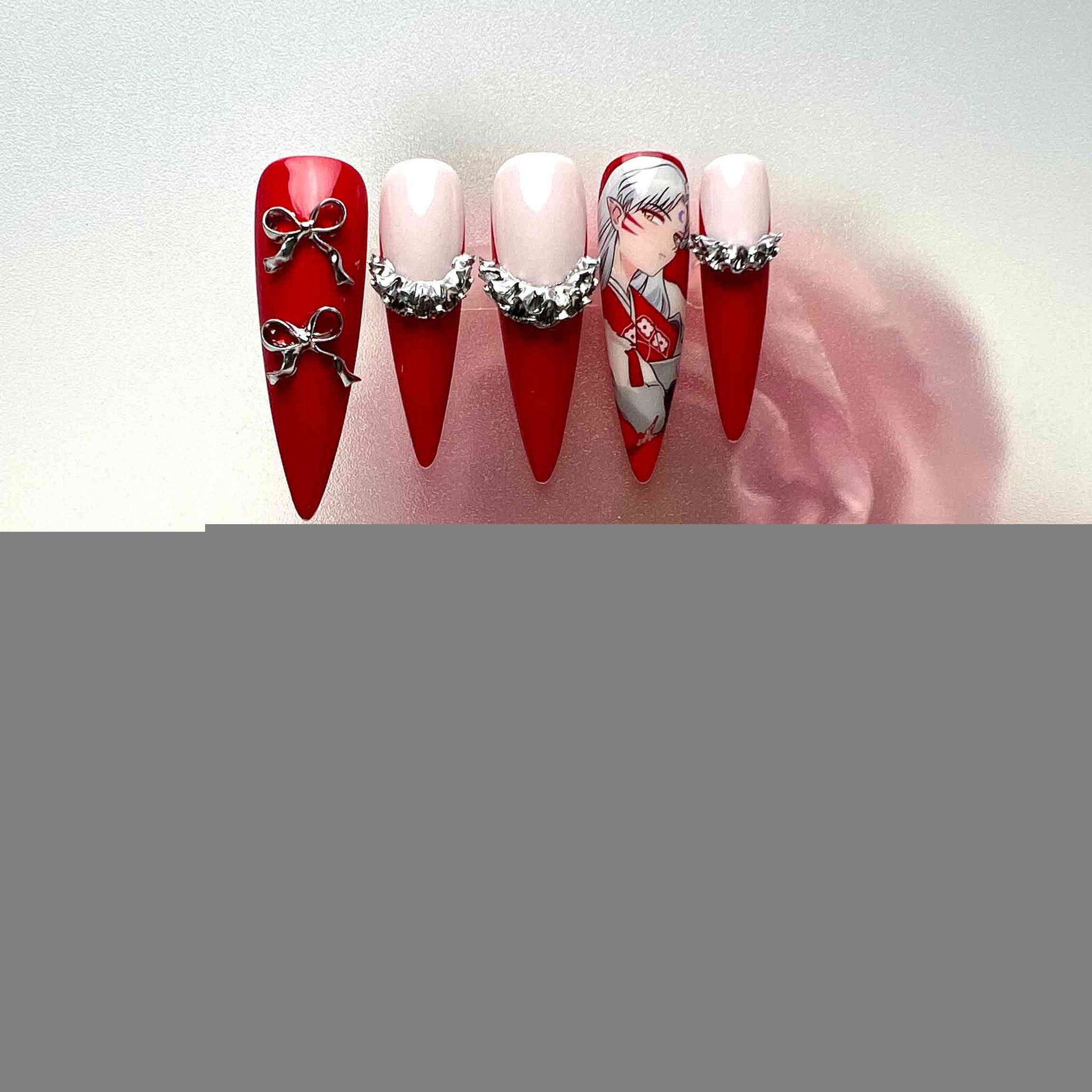 Kikyo Nails – InuYasha Anime Press-On Set, 3D Silver Bow &amp; Red Priestess Cosplay Design | Dragonnail