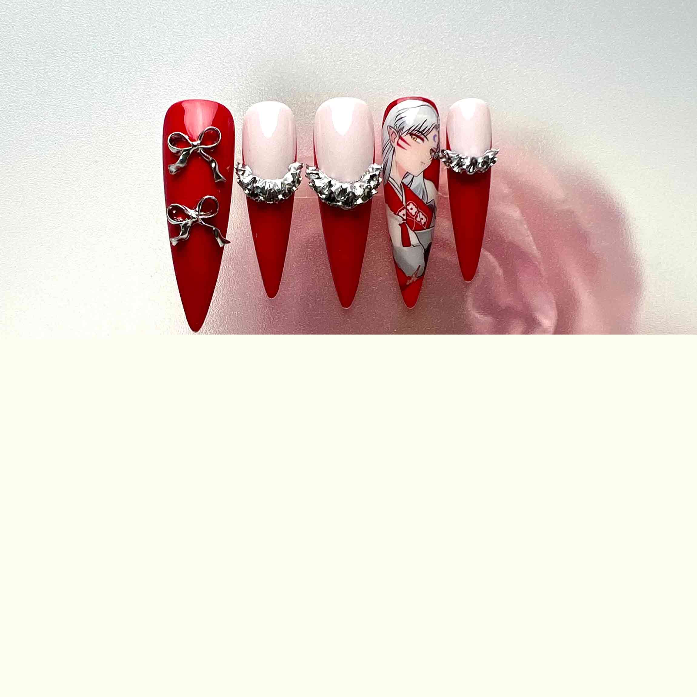 Kikyo Nails – InuYasha Anime Press-On Set, 3D Silver Bow &amp; Red Priestess Cosplay Design | Dragonnail