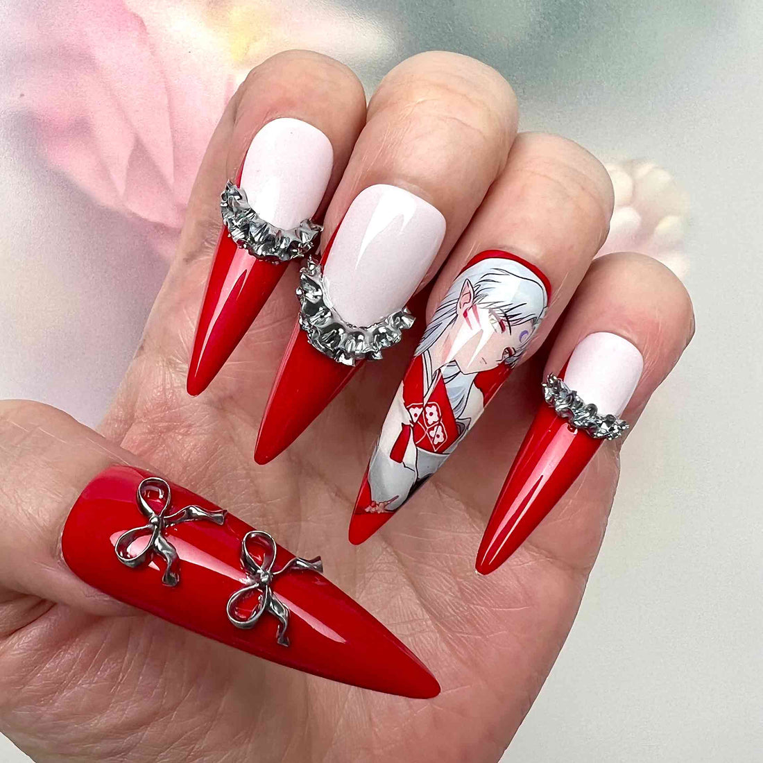 Kikyo Nails – InuYasha Anime Press-On Set, 3D Silver Bow &amp; Red Priestess Cosplay Design | Dragonnail