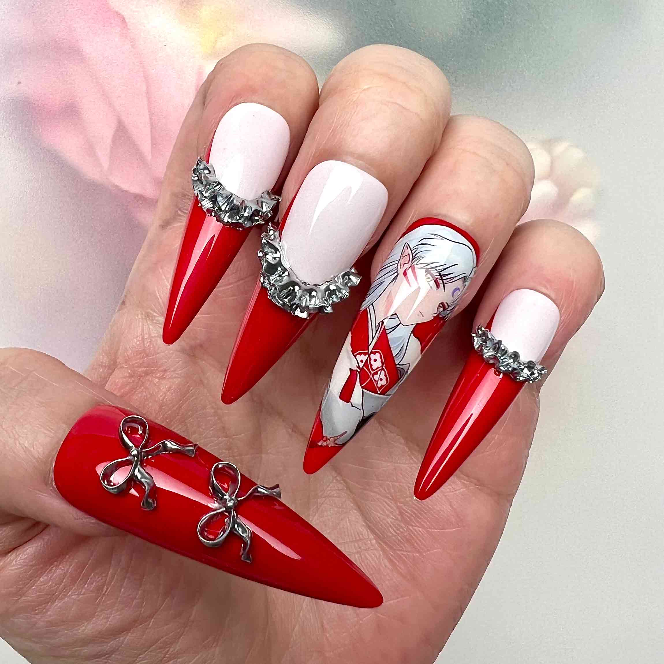 Kikyo Nails – InuYasha Anime Press-On Set, 3D Silver Bow &amp; Red Priestess Cosplay Design | Dragonnail