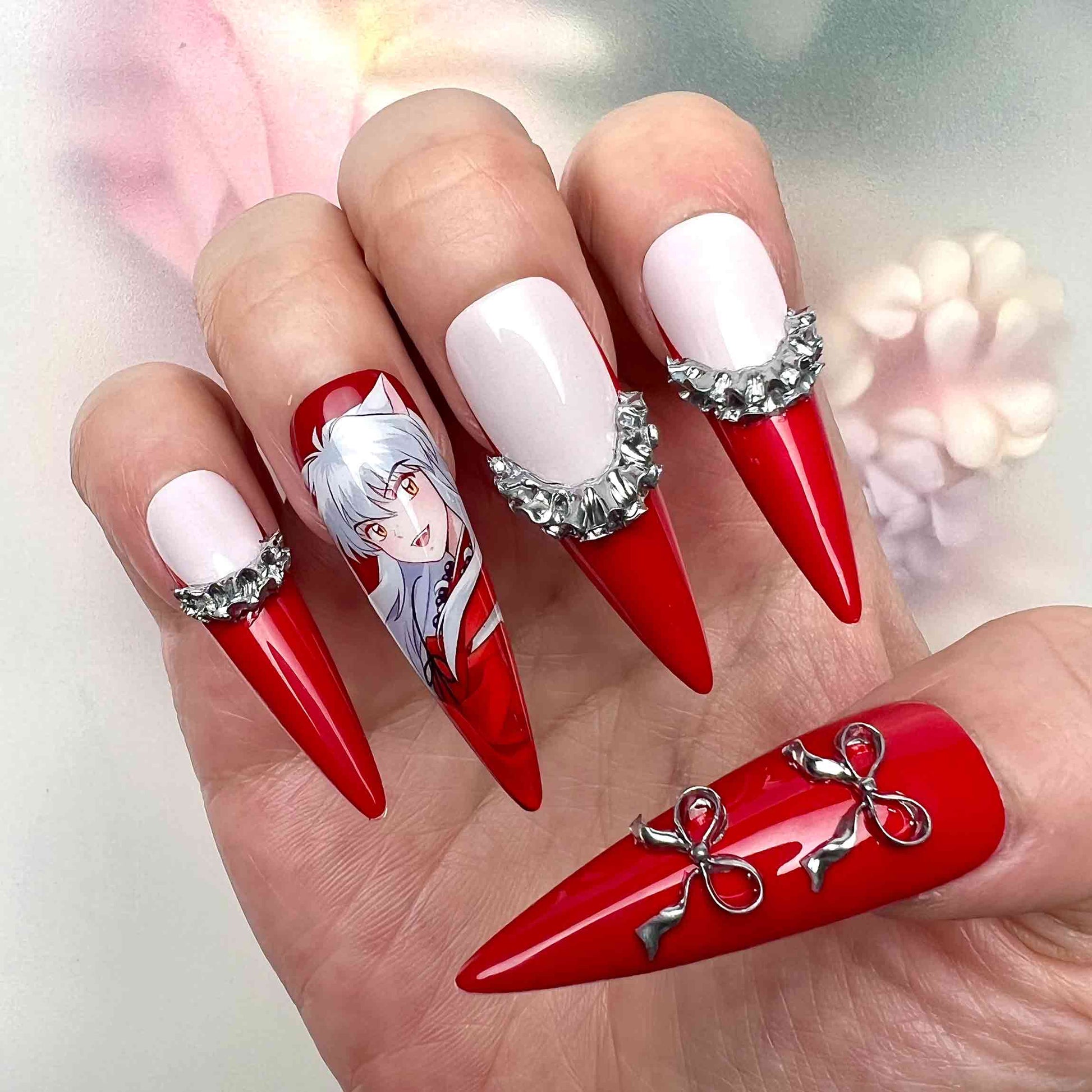 Kikyo Nails – InuYasha Anime Press-On Set, 3D Silver Bow &amp; Red Priestess Cosplay Design | Dragonnail