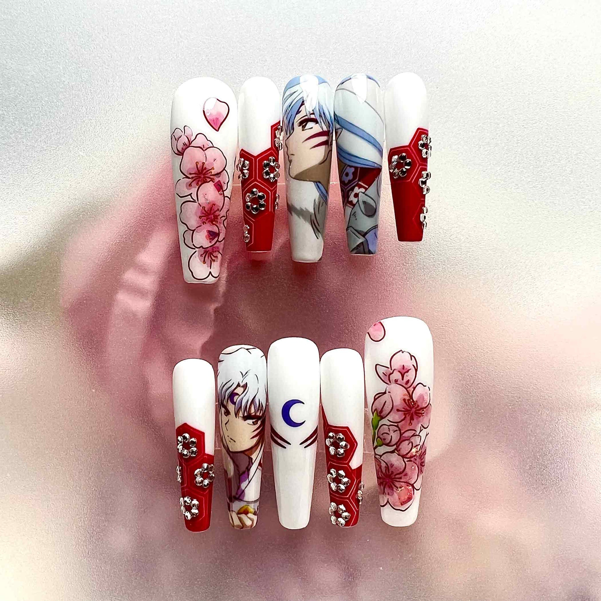 Sesshōmaru Nails – InuYasha Anime Press-On Set, 3D Flower Gem &amp; Sakura Blossom Design | Dragonnail