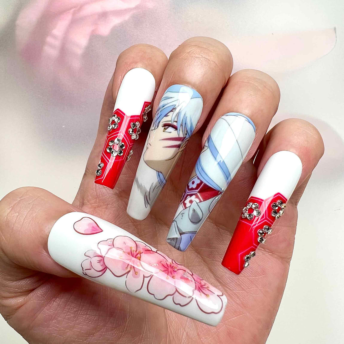 Sesshōmaru Nails – InuYasha Anime Press-On Set, 3D Flower Gem &amp; Sakura Blossom Design | Dragonnail