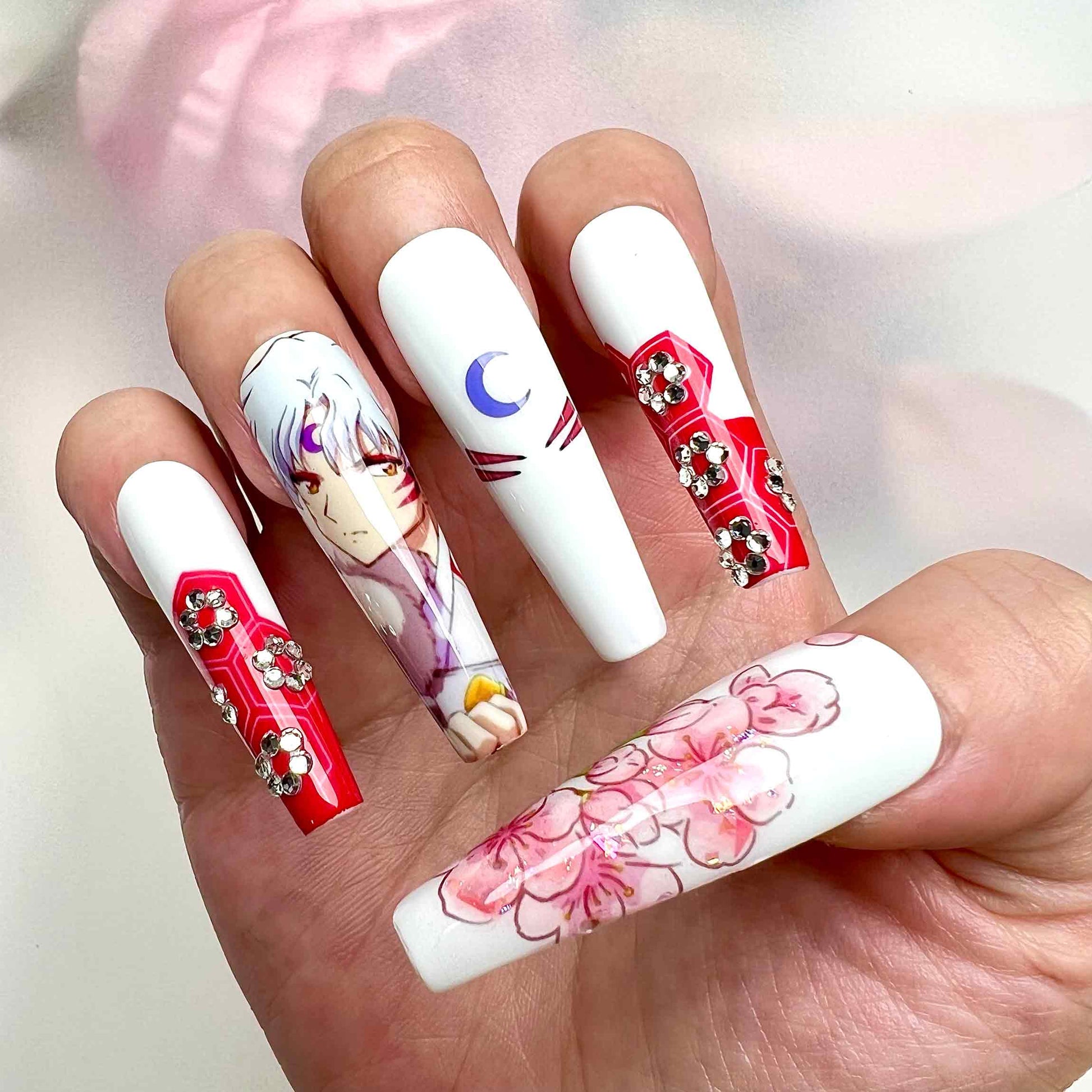 Sesshōmaru Nails – InuYasha Anime Press-On Set, 3D Flower Gem &amp; Sakura Blossom Design | Dragonnail