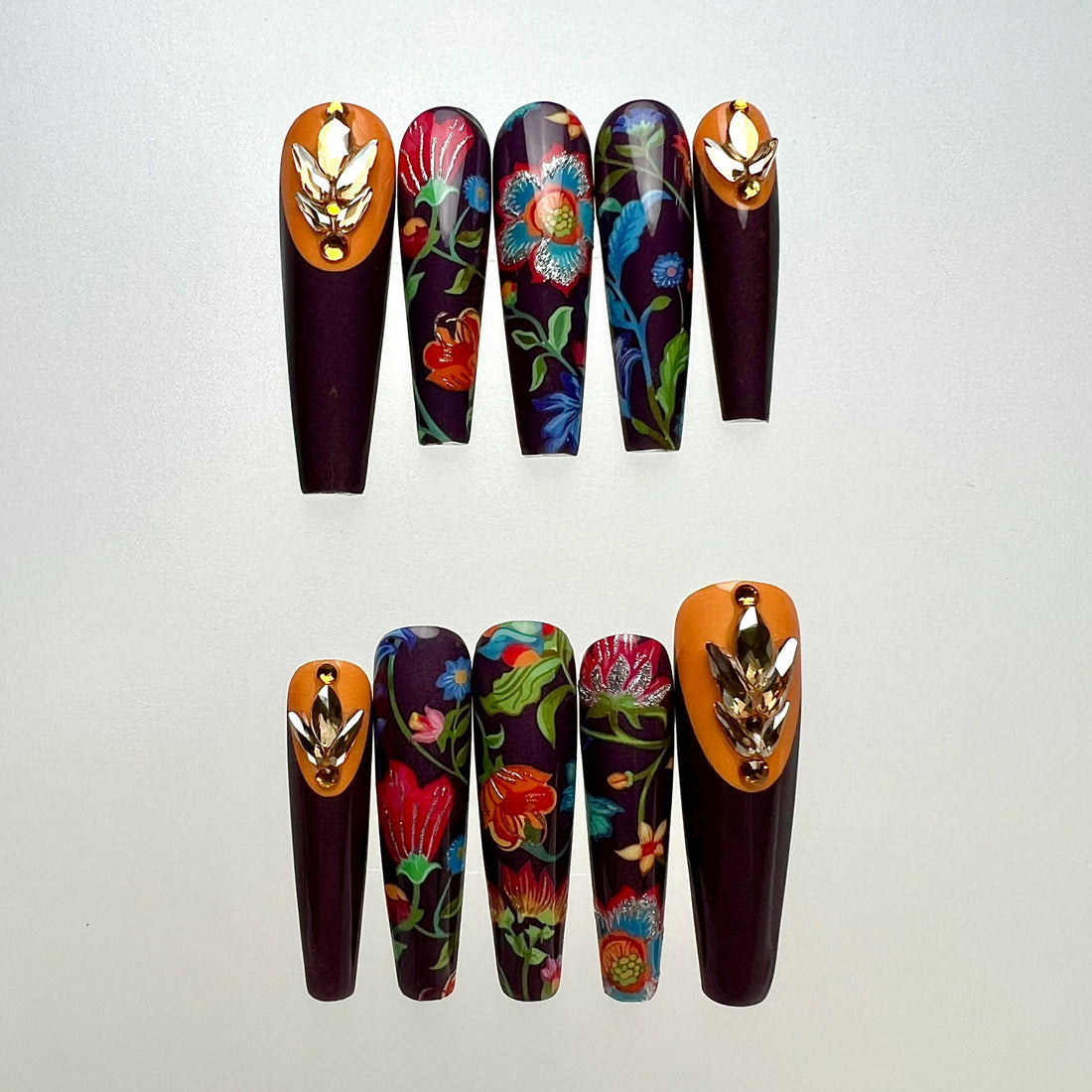 Elegant Floral Nails – Folk Art Press-On Set, Plum &amp; Mustard with 3D Gold Gems | Dragonnail