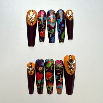 Elegant Floral Nails – Folk Art Press-On Set, Plum &amp; Mustard with 3D Gold Gems | Dragonnail