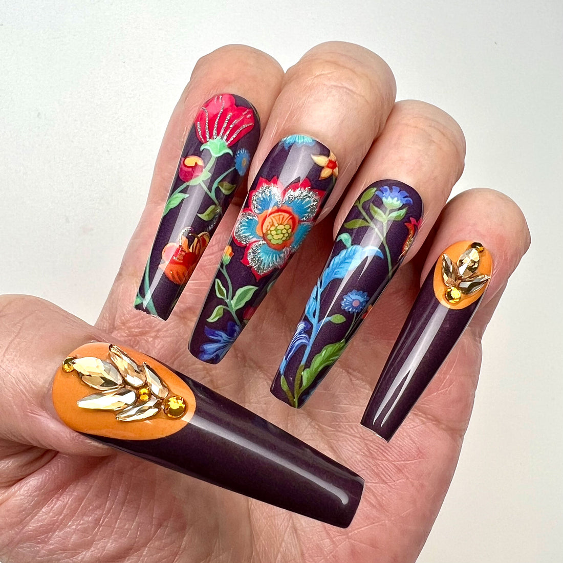 Elegant Floral Nails – Folk Art Press-On Set, Plum &amp; Mustard with 3D Gold Gems | Dragonnail