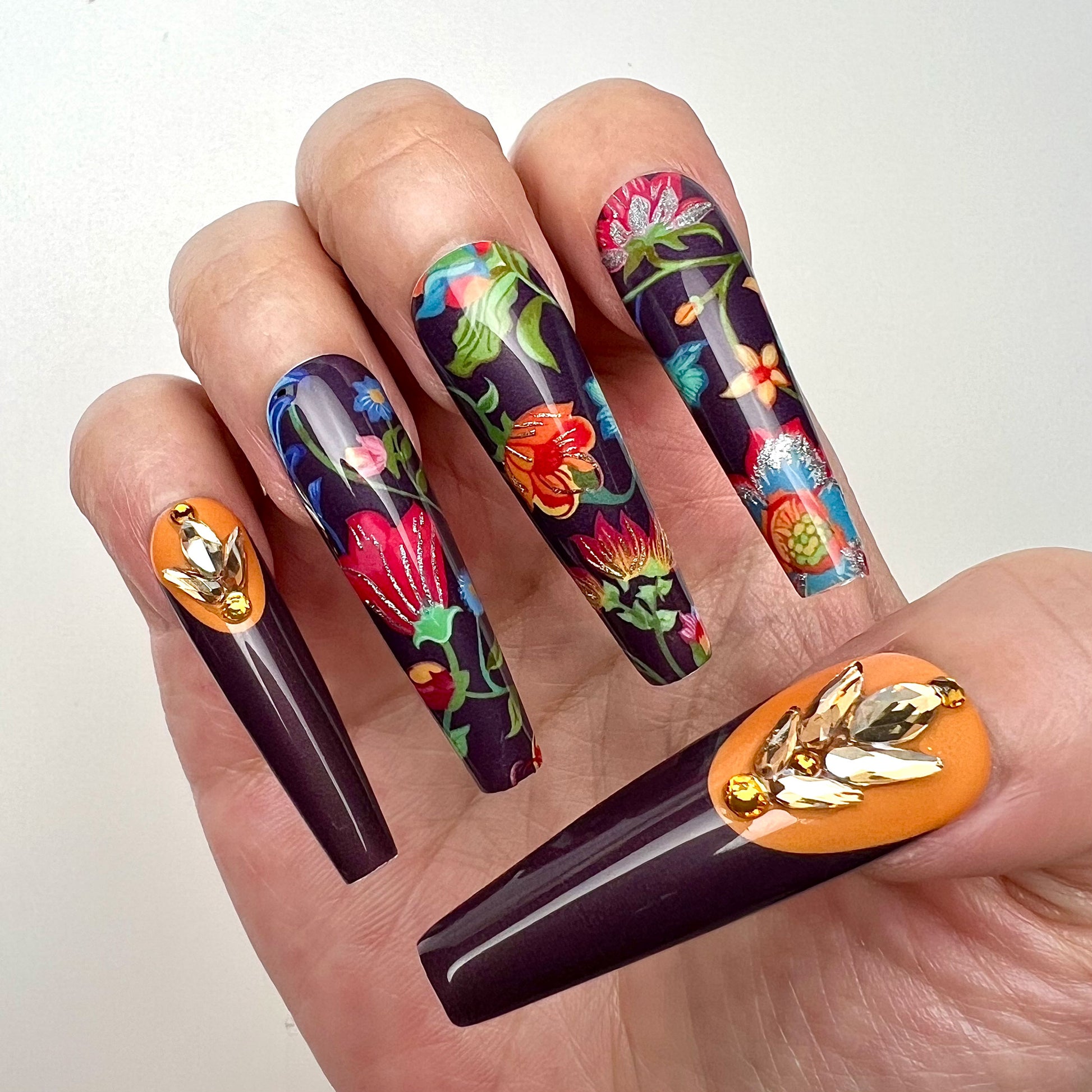 Elegant Floral Nails – Folk Art Press-On Set, Plum &amp; Mustard with 3D Gold Gems | Dragonnail