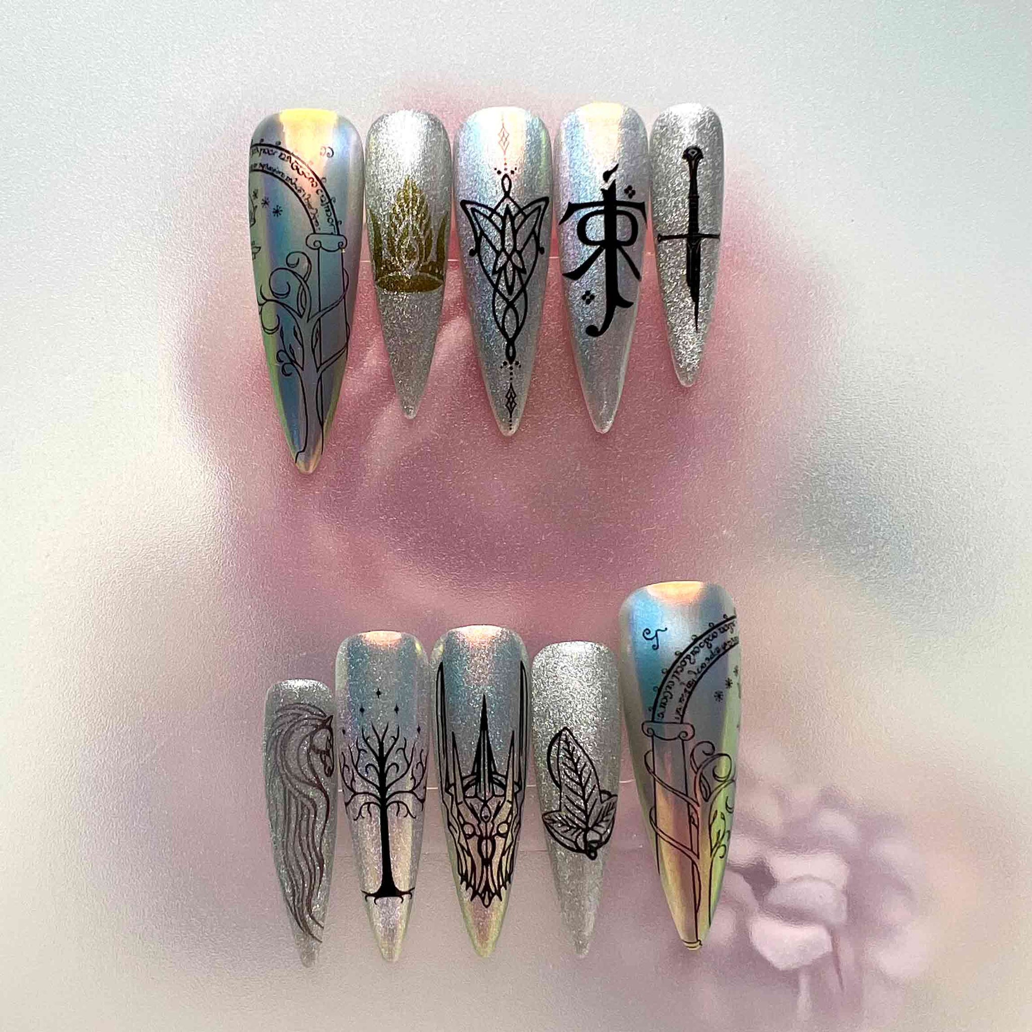 Lord of the Rings Nails – LOTR Elven Press-On Set, Holographic Silver Tree of Gondor Design | Dragonnail