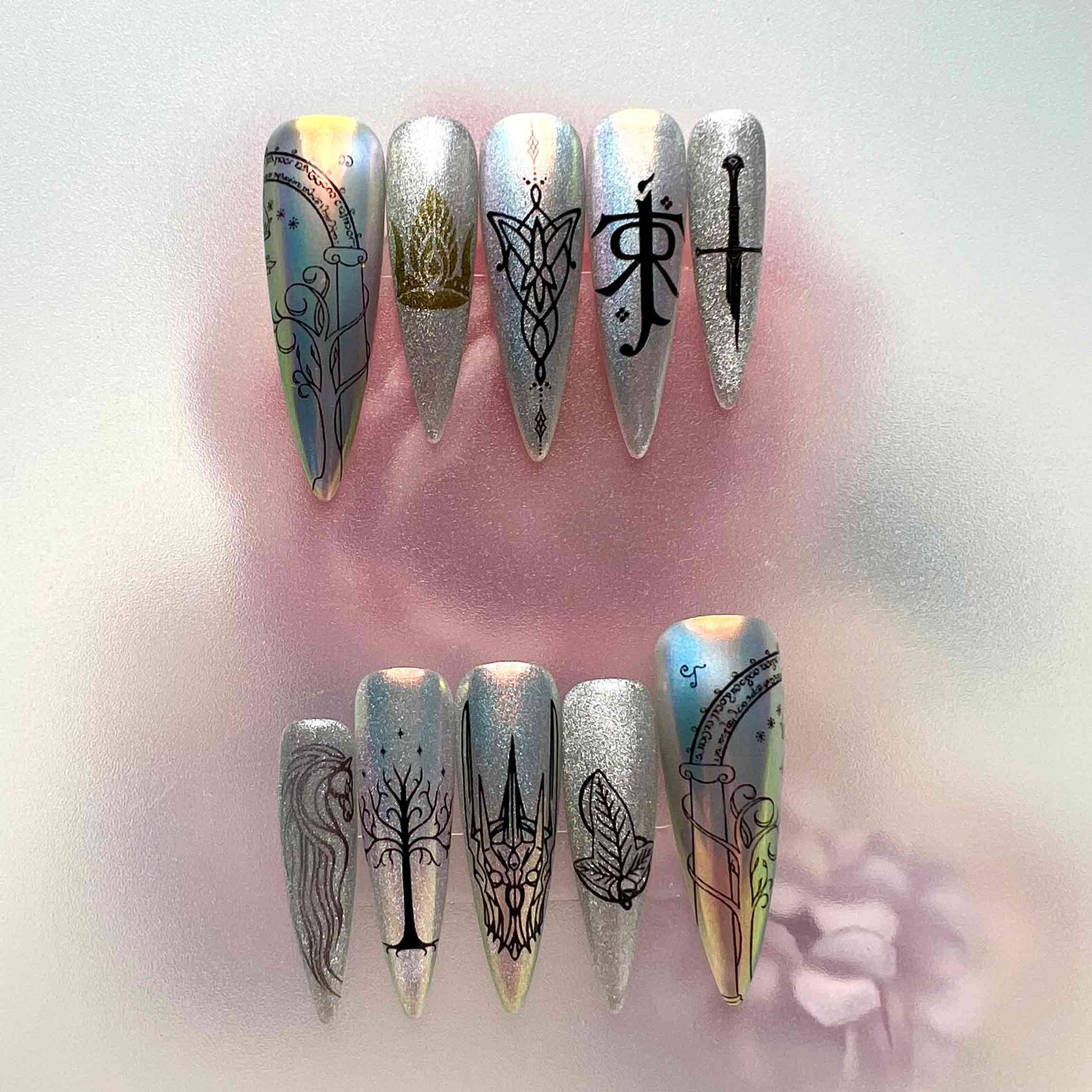 Lord of the Rings Nails – LOTR Elven Press-On Set, Holographic Silver Tree of Gondor Design | Dragonnail