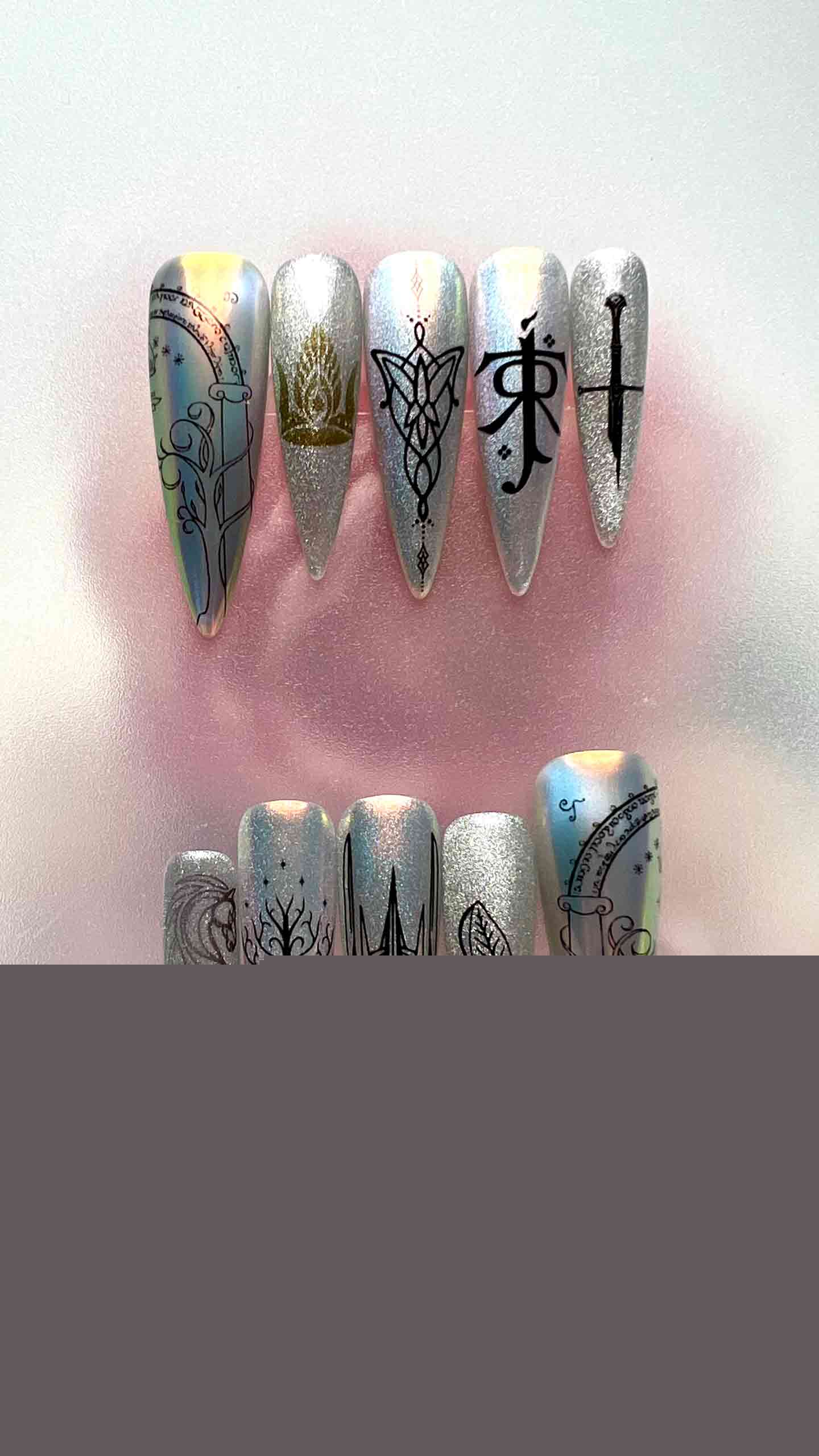 Lord of the Rings Nails – LOTR Elven Press-On Set, Holographic Silver Tree of Gondor Design | Dragonnail