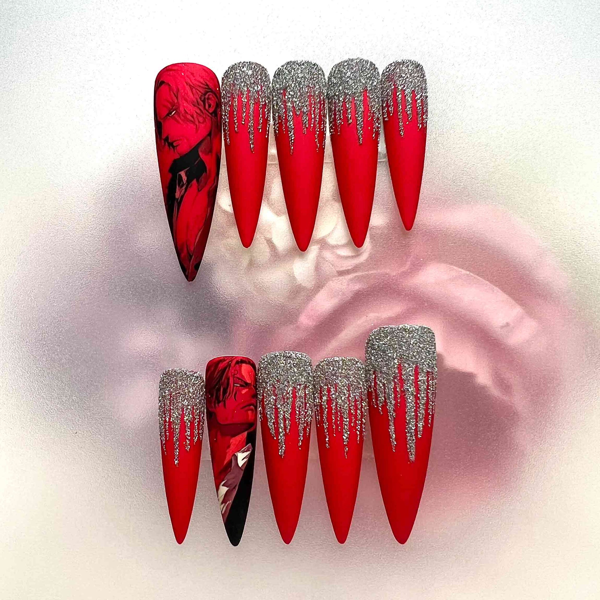 Painter of the Night Nails – Yoon Seungho Press-On Set, Matte Red &amp; Silver Glitter Drip BL Manhwa Design | Dragonnail