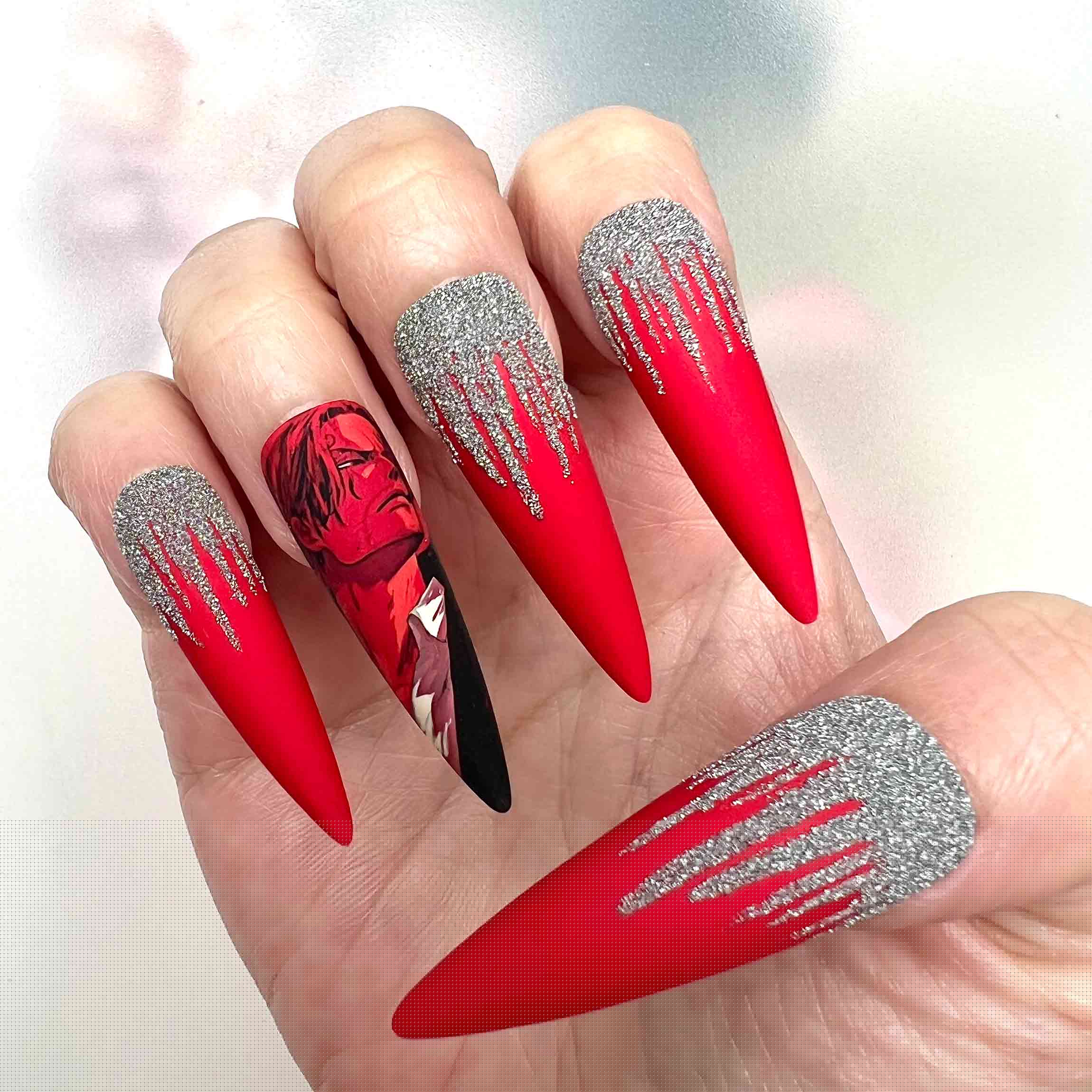 Painter of the Night Nails – Yoon Seungho Press-On Set, Matte Red &amp; Silver Glitter Drip BL Manhwa Design | Dragonnail