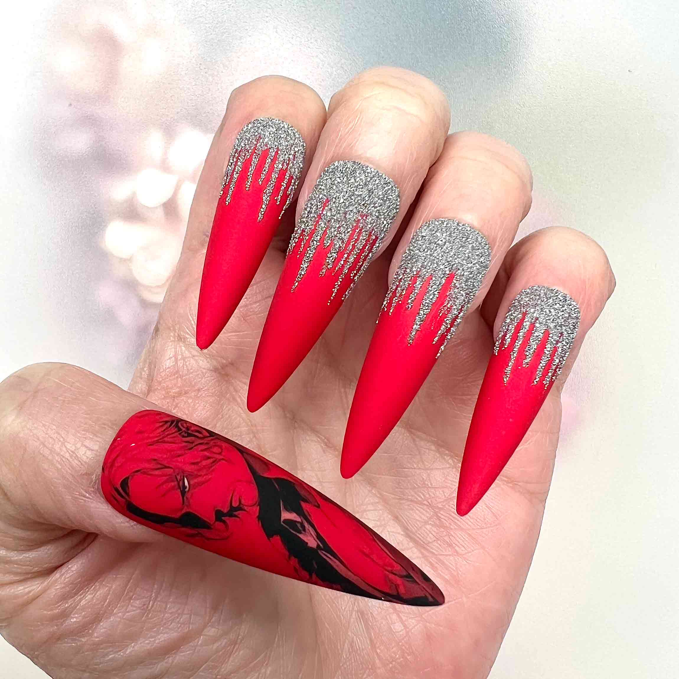 Painter of the Night Nails – Yoon Seungho Press-On Set, Matte Red &amp; Silver Glitter Drip BL Manhwa Design | Dragonnail