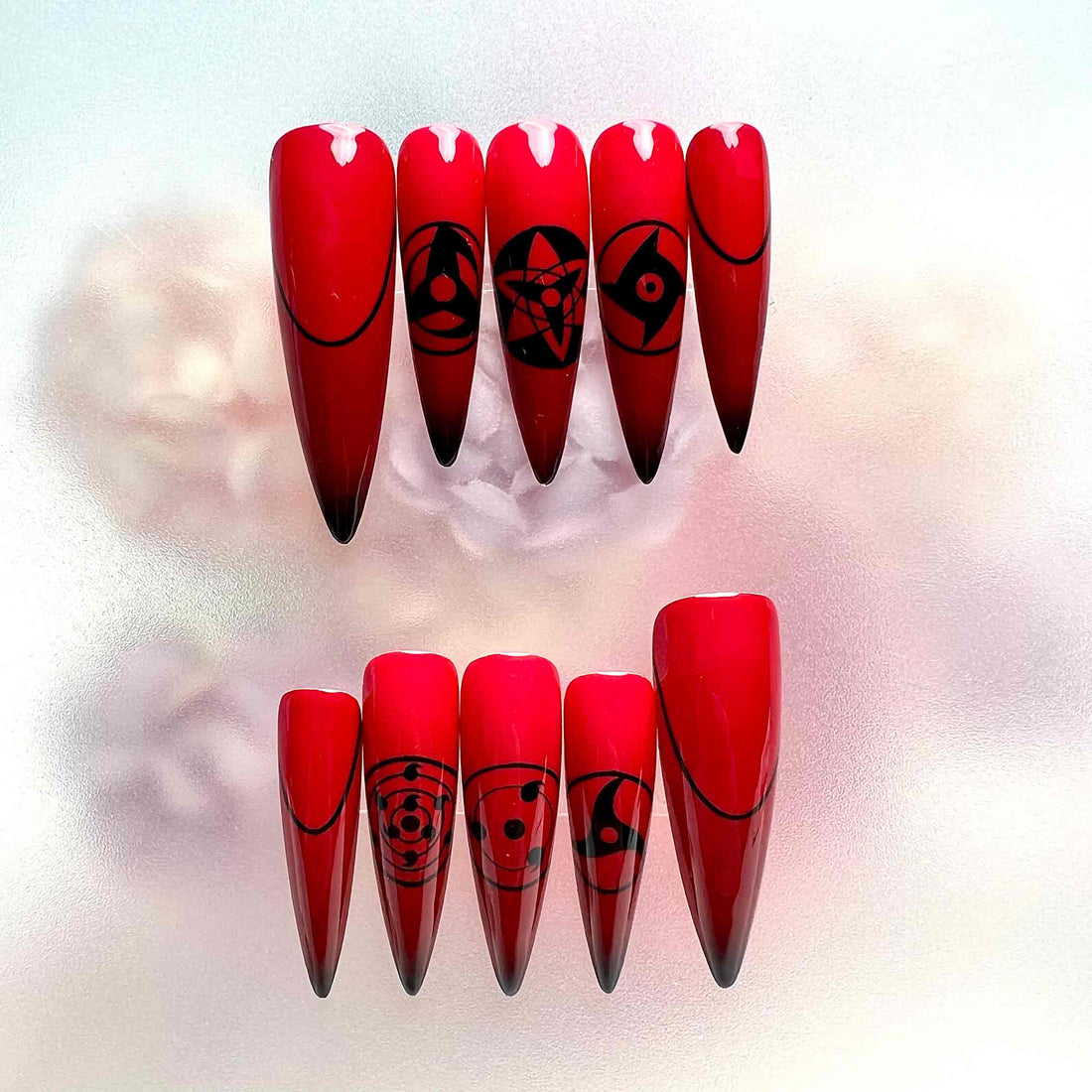 Sharingan Nails – Naruto Shippuden Press-On Set, Red &amp; Black Uchiha Clan Eye Design | Dragonnail