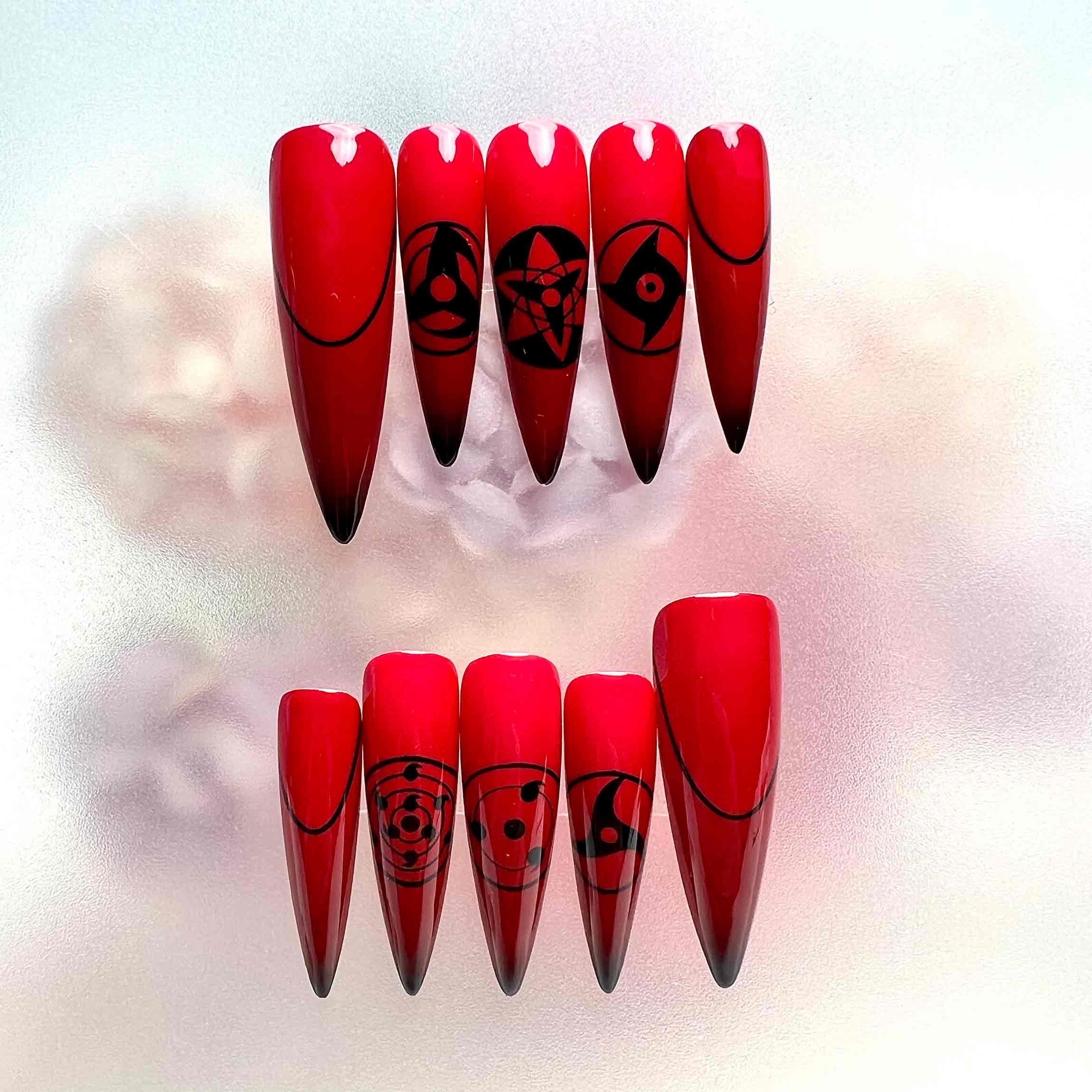 Sharingan Nails – Naruto Shippuden Press-On Set, Red &amp; Black Uchiha Clan Eye Design | Dragonnail