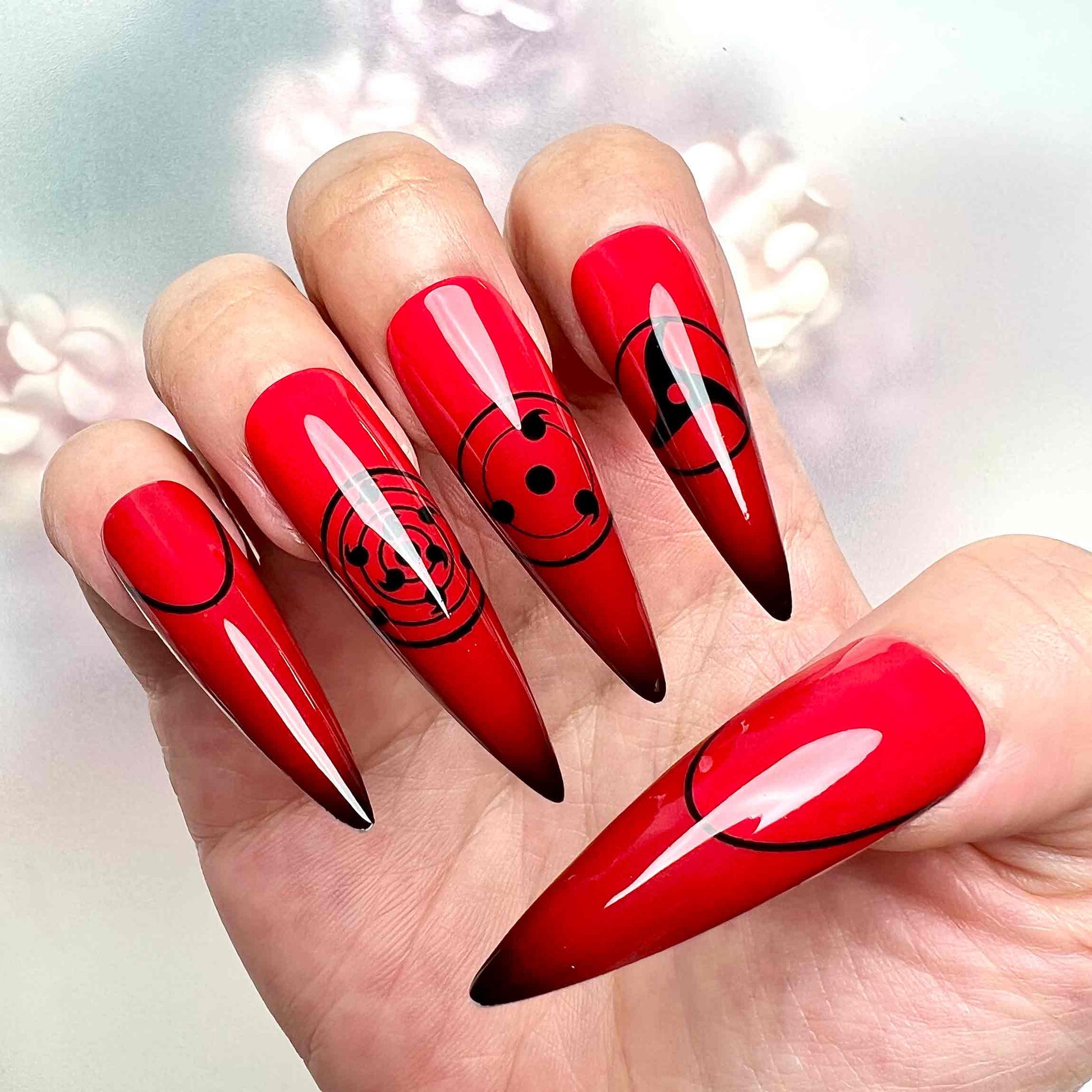 Sharingan Nails – Naruto Shippuden Press-On Set, Red &amp; Black Uchiha Clan Eye Design | Dragonnail