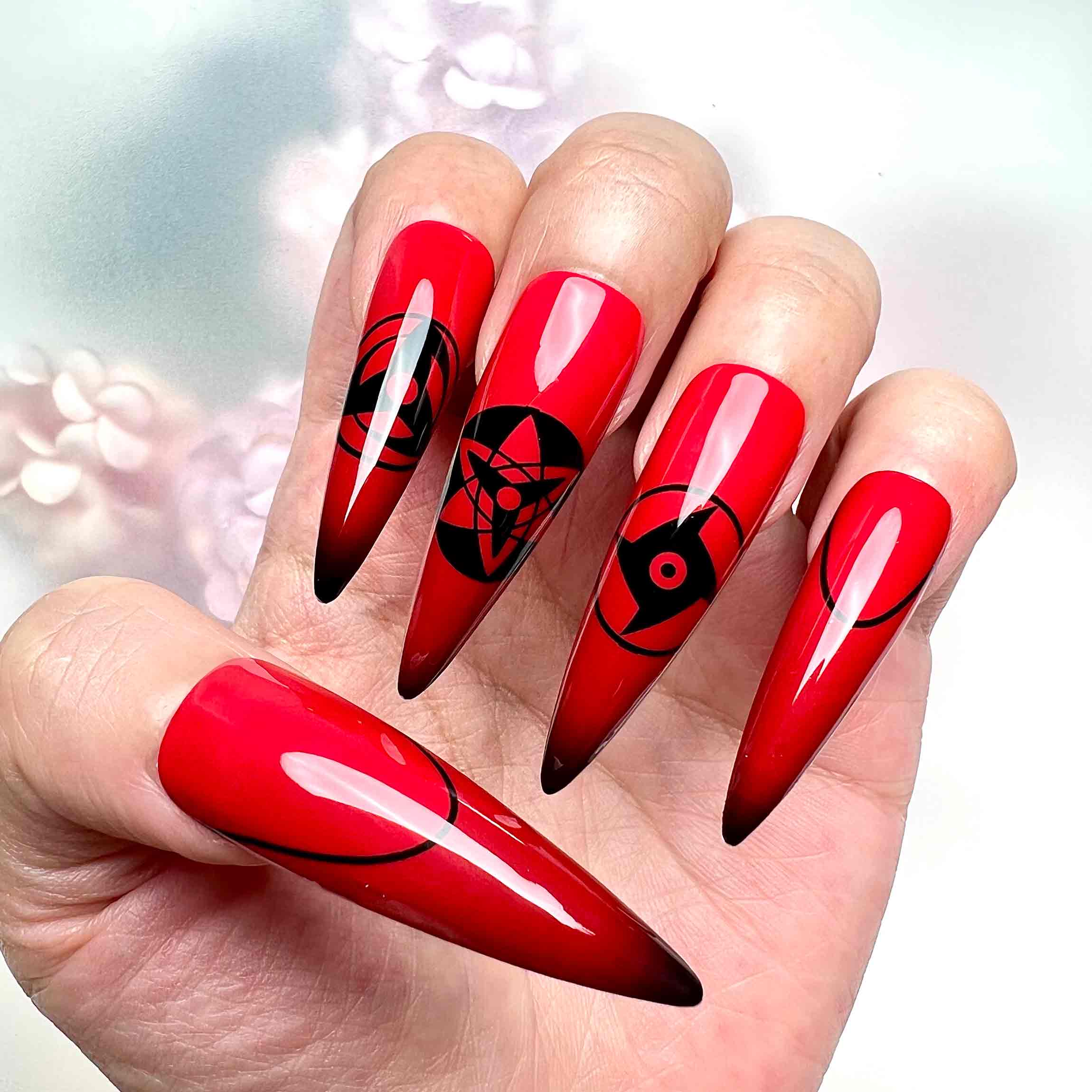 Sharingan Nails – Naruto Shippuden Press-On Set, Red &amp; Black Uchiha Clan Eye Design | Dragonnail