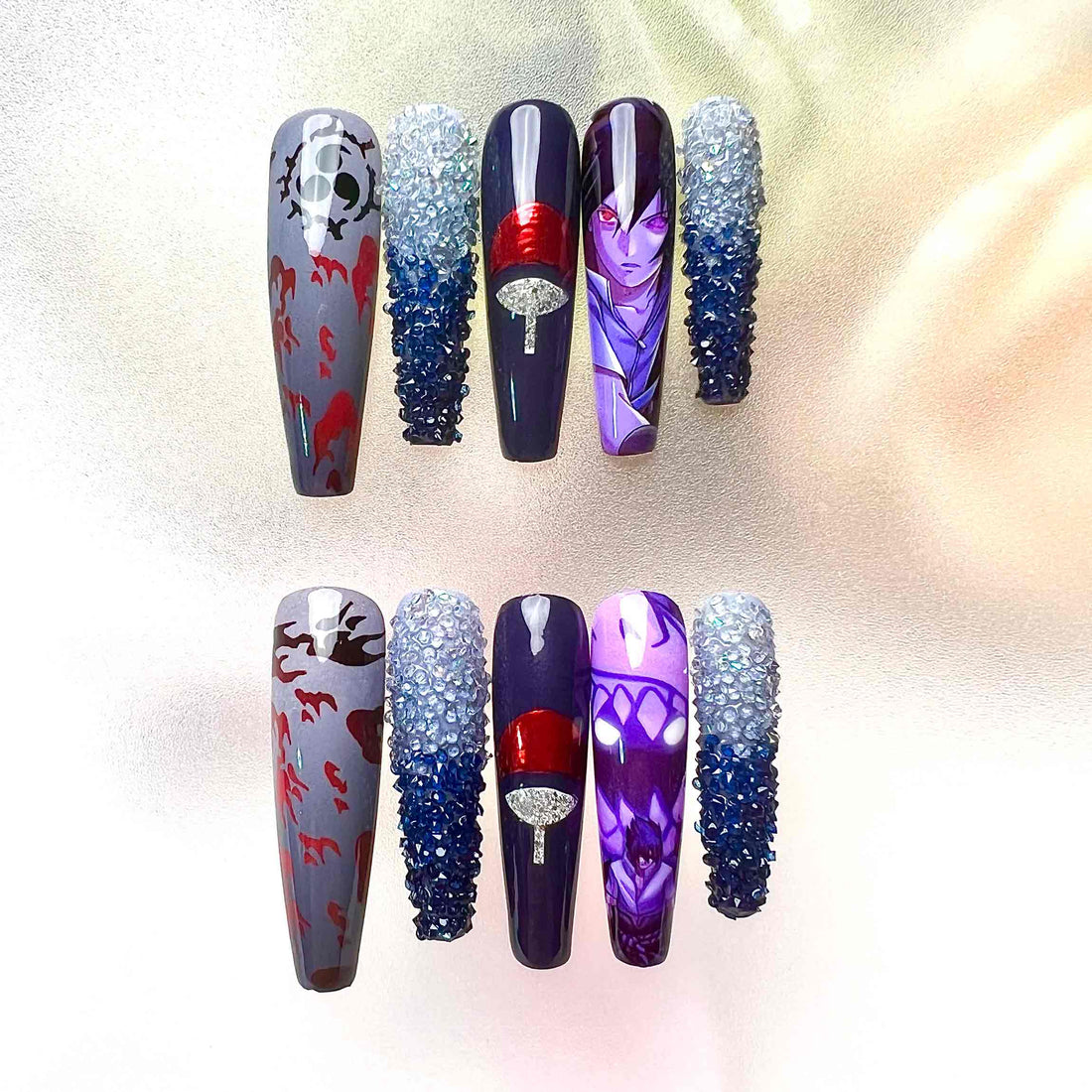 Sasuke Uchiha Nails – Naruto Shippuden Press-On Set, 3D Blue Crystal &amp; Purple Curse Mark Design | Dragonnail