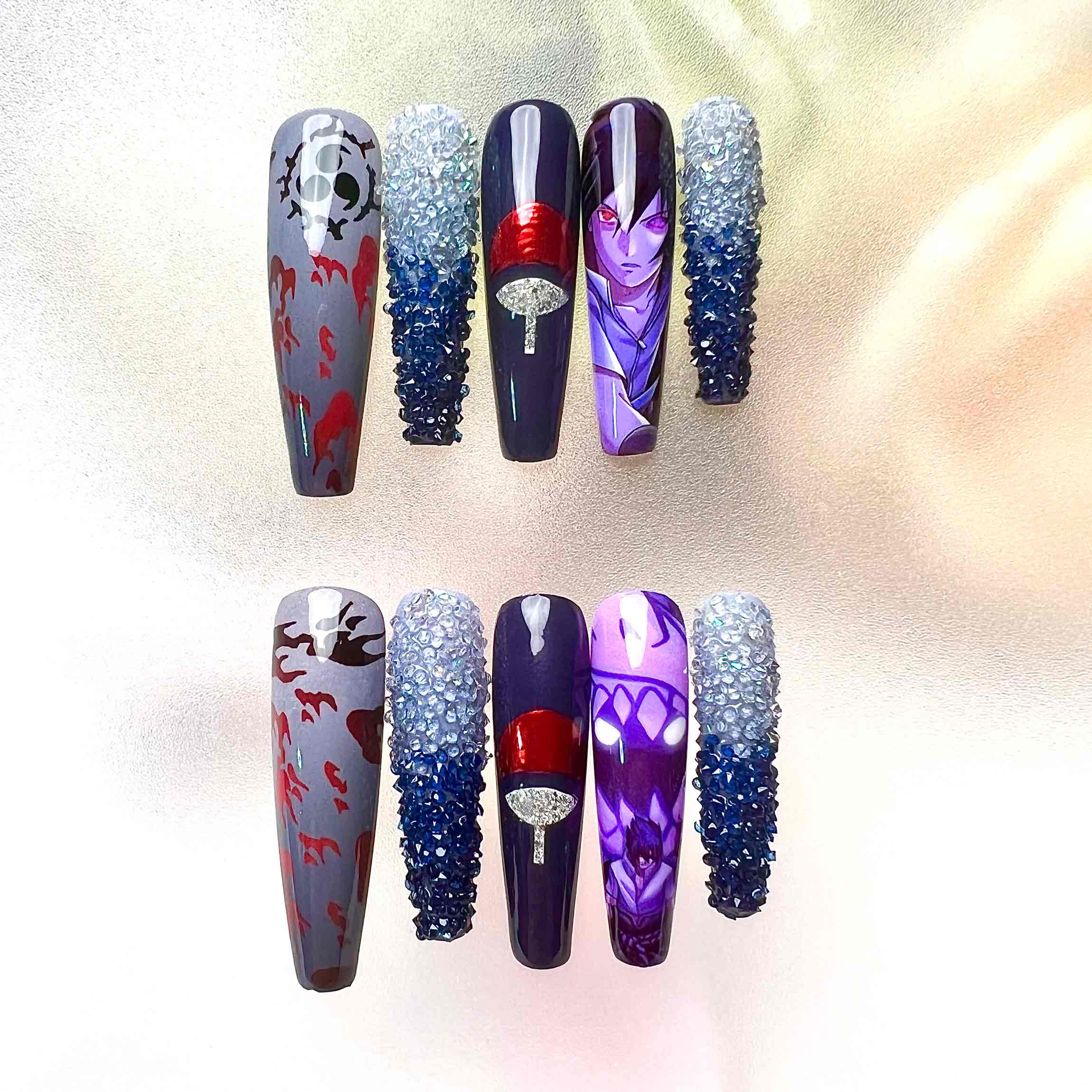 Sasuke Uchiha Nails – Naruto Shippuden Press-On Set, 3D Blue Crystal &amp; Purple Curse Mark Design | Dragonnail