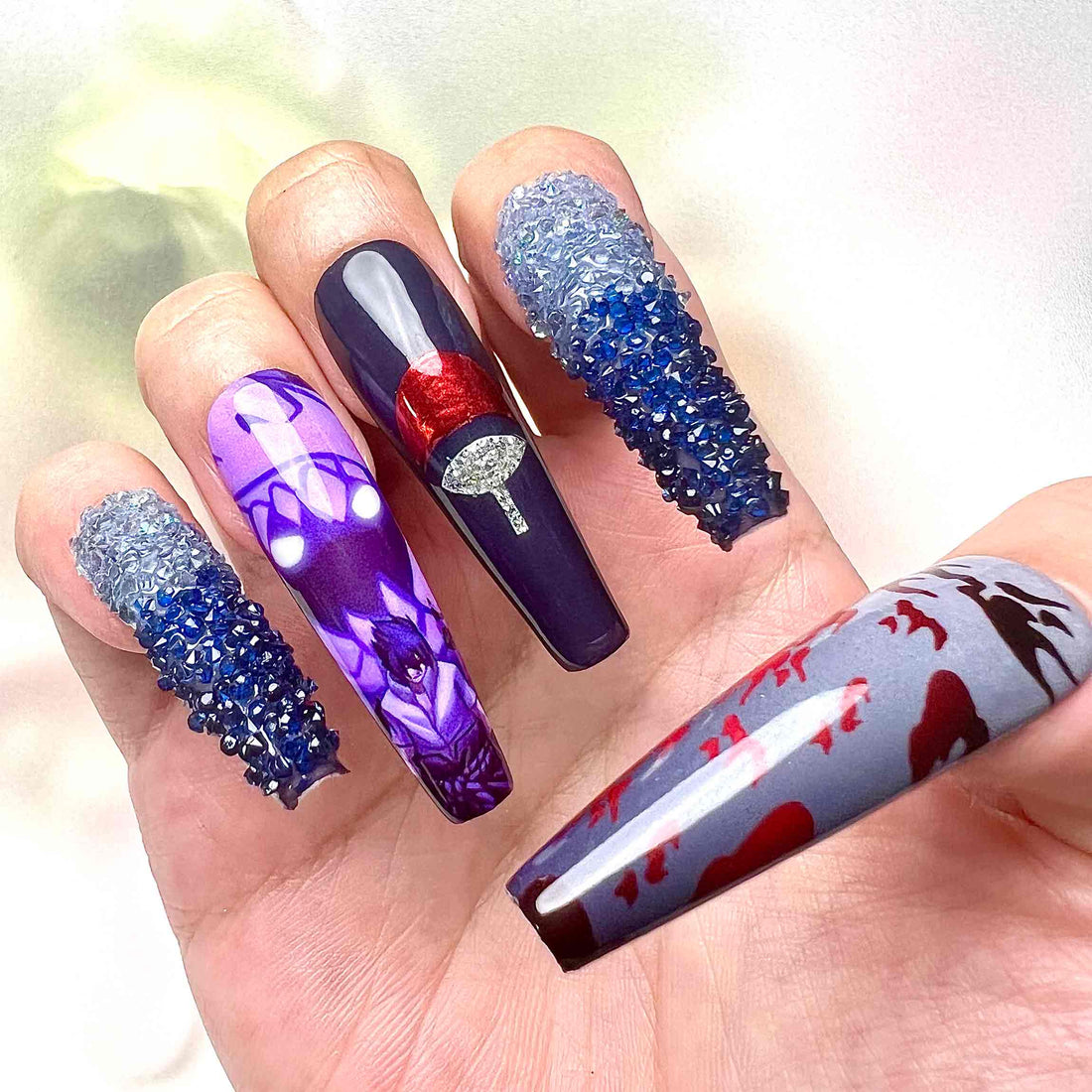 Sasuke Uchiha Nails – Naruto Shippuden Press-On Set, 3D Blue Crystal &amp; Purple Curse Mark Design | Dragonnail