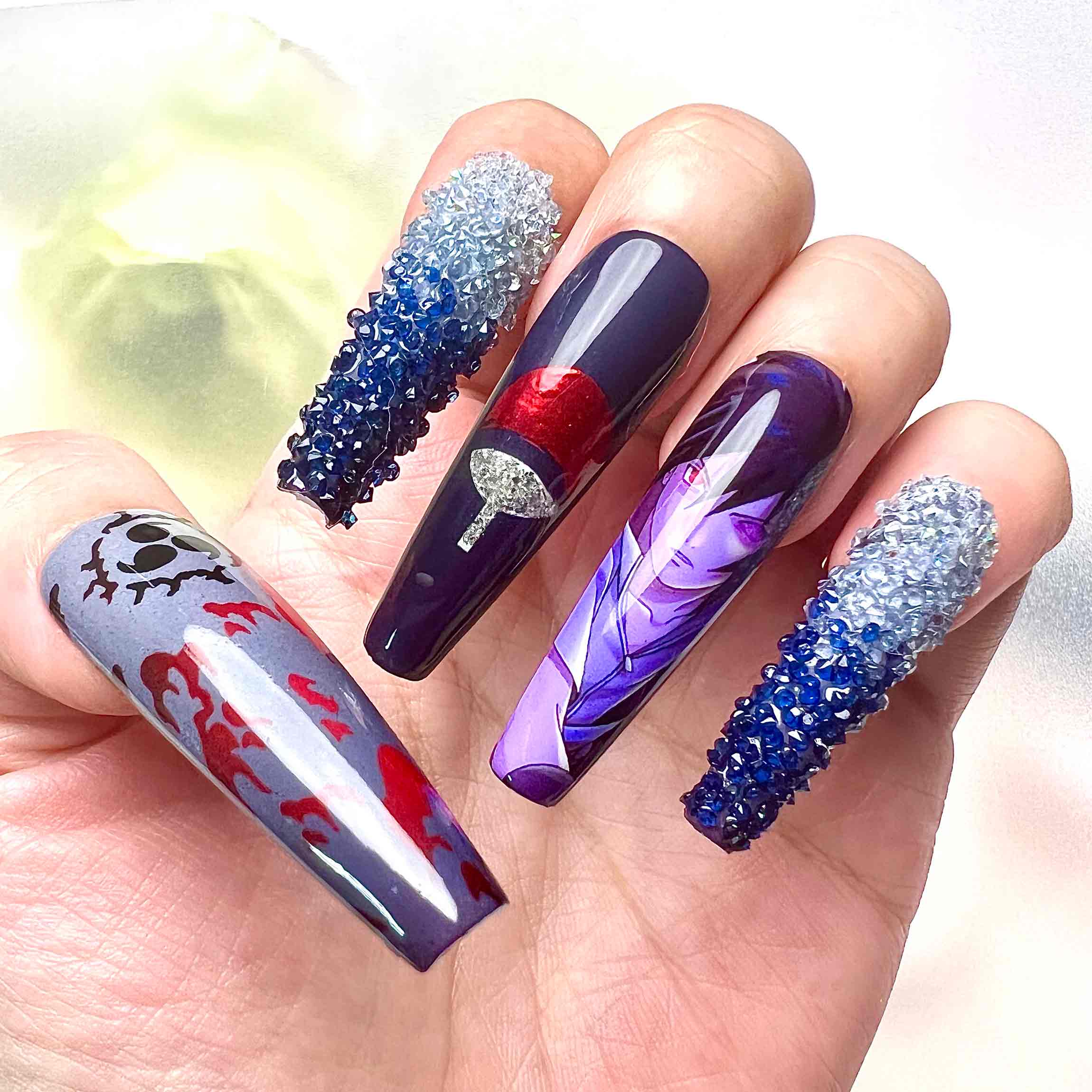 Sasuke Uchiha Nails – Naruto Shippuden Press-On Set, 3D Blue Crystal &amp; Purple Curse Mark Design | Dragonnail
