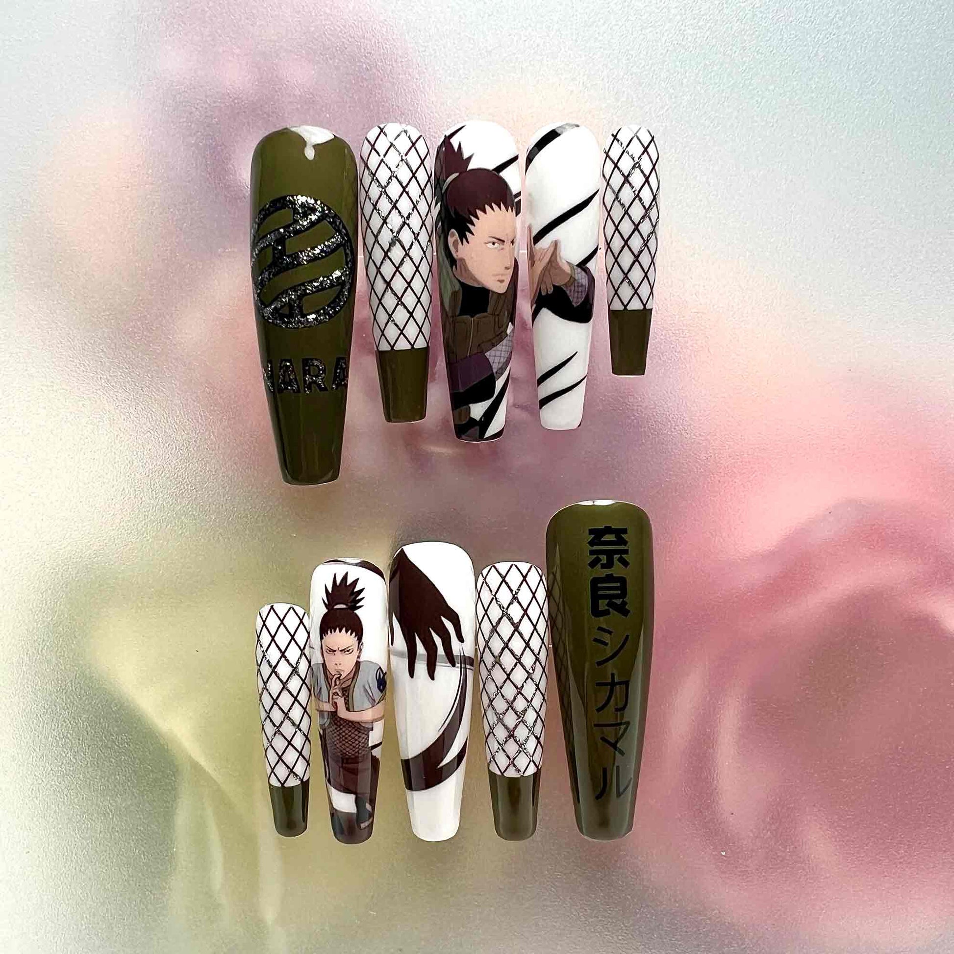 Shikamaru Nara Nails – Naruto Shippuden Press-On Set, Shadow Jutsu Green &amp; Black Glitter Anime Design | Dragonnail