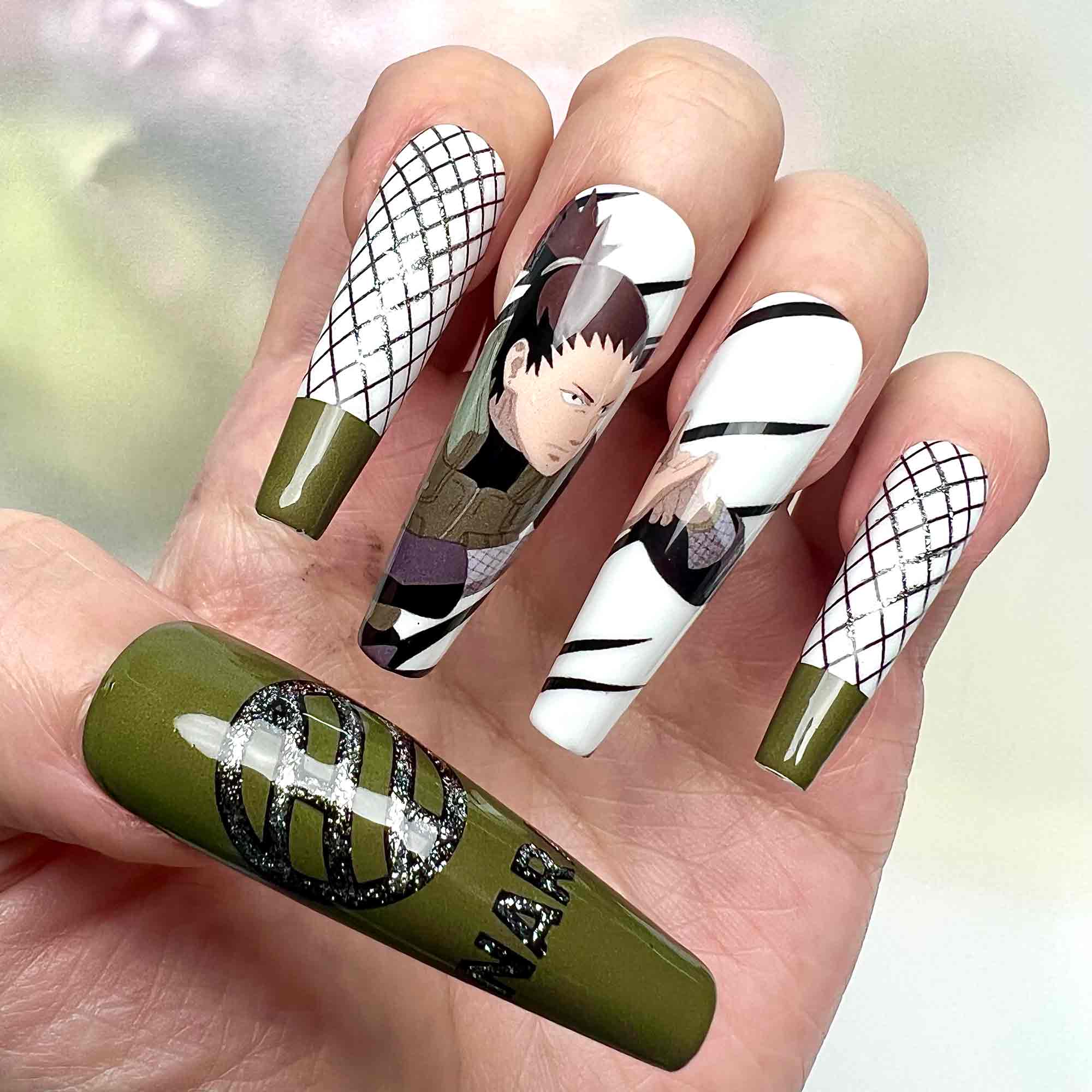 Shikamaru Nara Nails – Naruto Shippuden Press-On Set, Shadow Jutsu Green &amp; Black Glitter Anime Design | Dragonnail