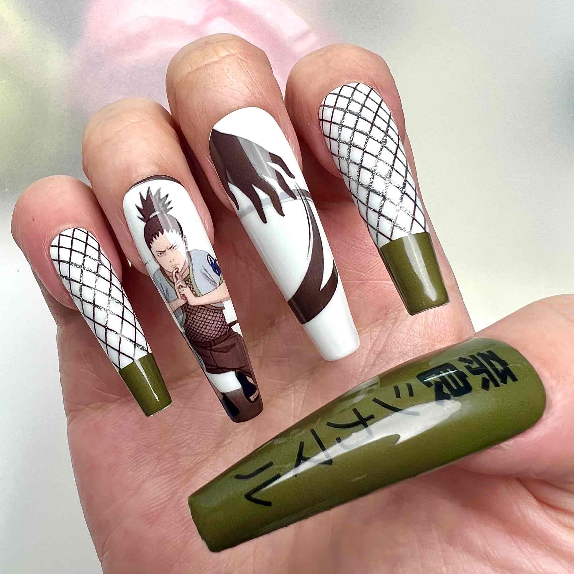 Shikamaru Nara Nails – Naruto Shippuden Press-On Set, Shadow Jutsu Green &amp; Black Glitter Anime Design | Dragonnail