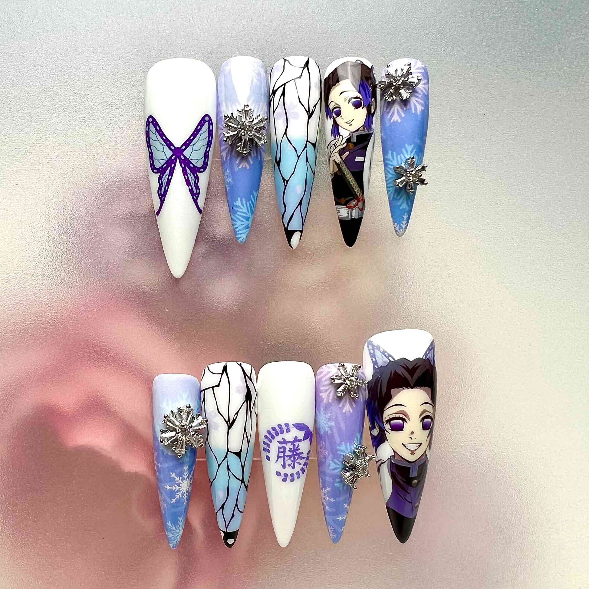 Shinobu Kocho Nails – Demon Slayer KNY Press-On Set, 3D Snowflake Gem &amp; Winter Butterfly Design | Dragonnail