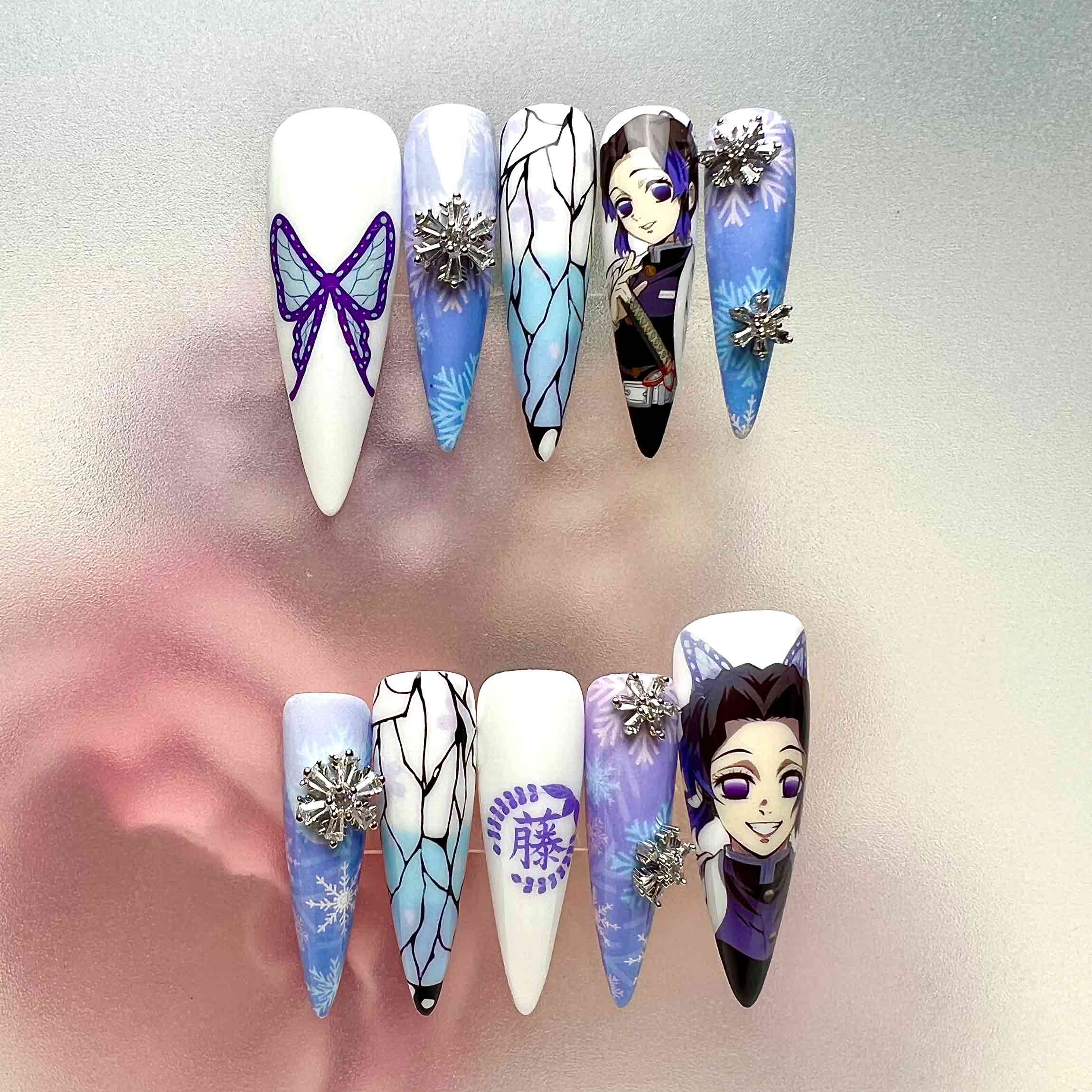 Shinobu Kocho Nails – Demon Slayer KNY Press-On Set, 3D Snowflake Gem &amp; Winter Butterfly Design | Dragonnail