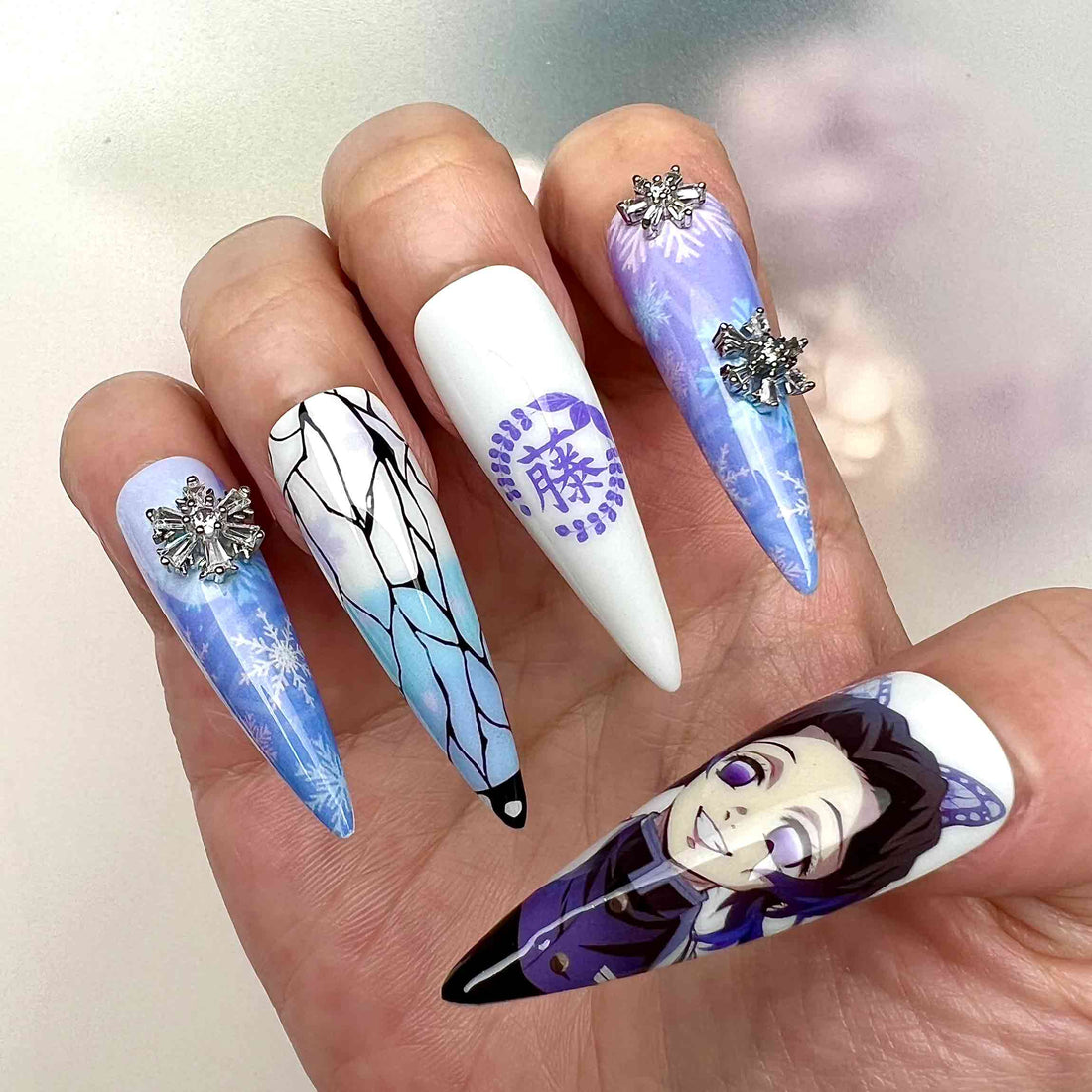 Shinobu Kocho Nails – Demon Slayer KNY Press-On Set, 3D Snowflake Gem &amp; Winter Butterfly Design | Dragonnail