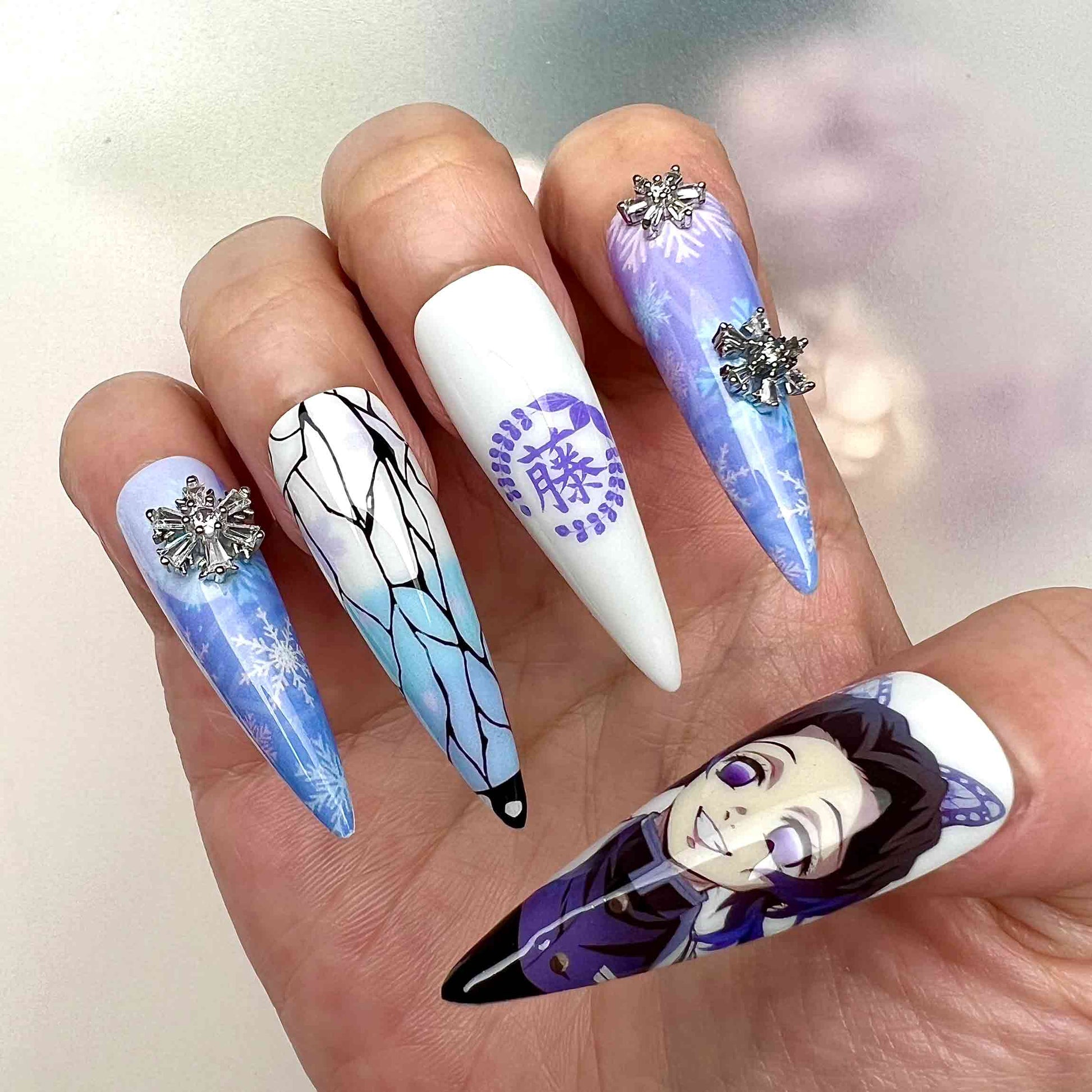 Shinobu Kocho Nails – Demon Slayer KNY Press-On Set, 3D Snowflake Gem &amp; Winter Butterfly Design | Dragonnail