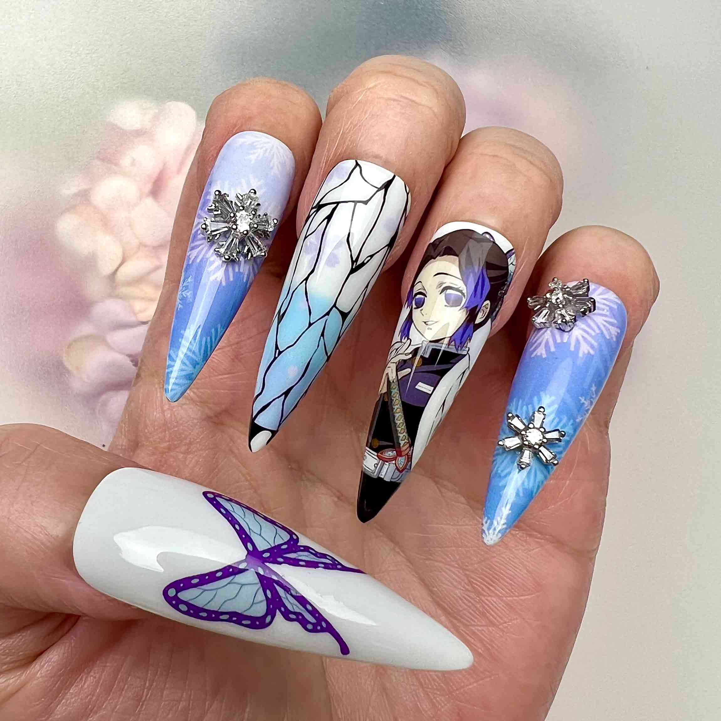 Shinobu Kocho Nails – Demon Slayer KNY Press-On Set, 3D Snowflake Gem &amp; Winter Butterfly Design | Dragonnail