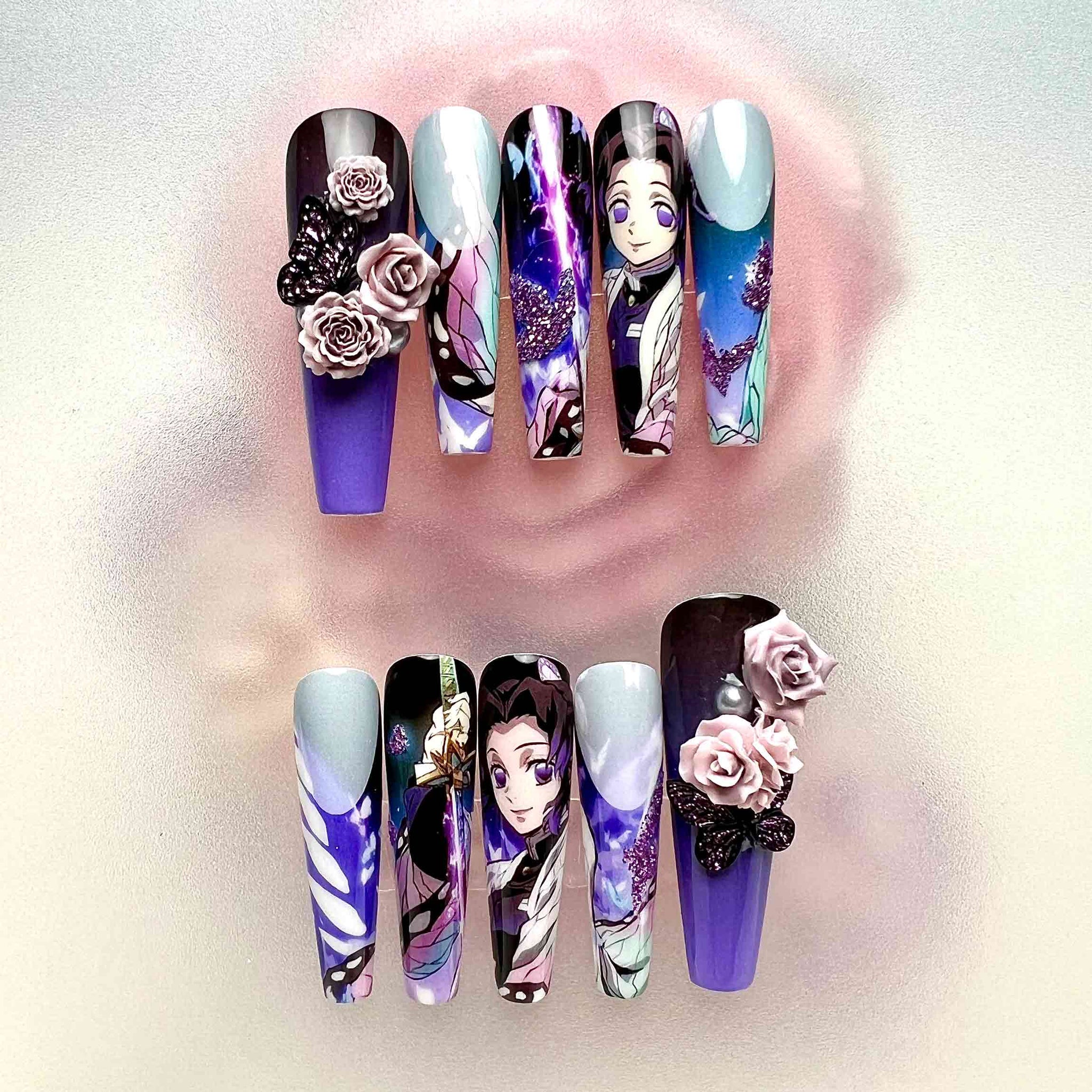 Shinobu Kocho Nails – Demon Slayer KNY Press-On Set, 3D Rose &amp; Butterfly Wing Anime Design | Dragonnail