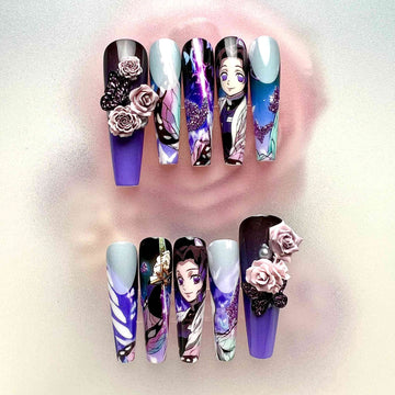 Shinobu Kocho Nails – Demon Slayer KNY Press-On Set, 3D Rose &amp; Butterfly Wing Anime Design | Dragonnail