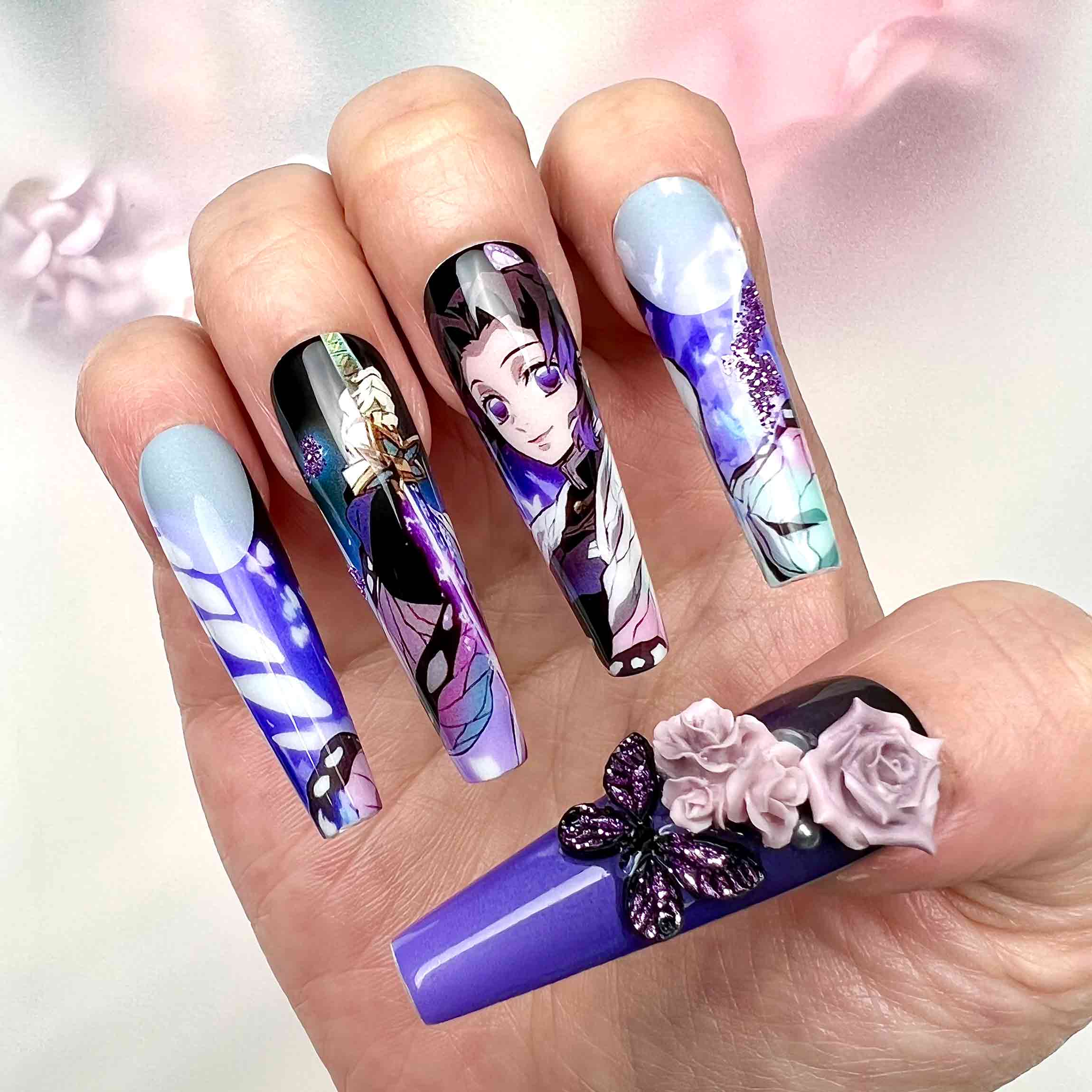 Shinobu Kocho Nails – Demon Slayer KNY Press-On Set, 3D Rose &amp; Butterfly Wing Anime Design | Dragonnail