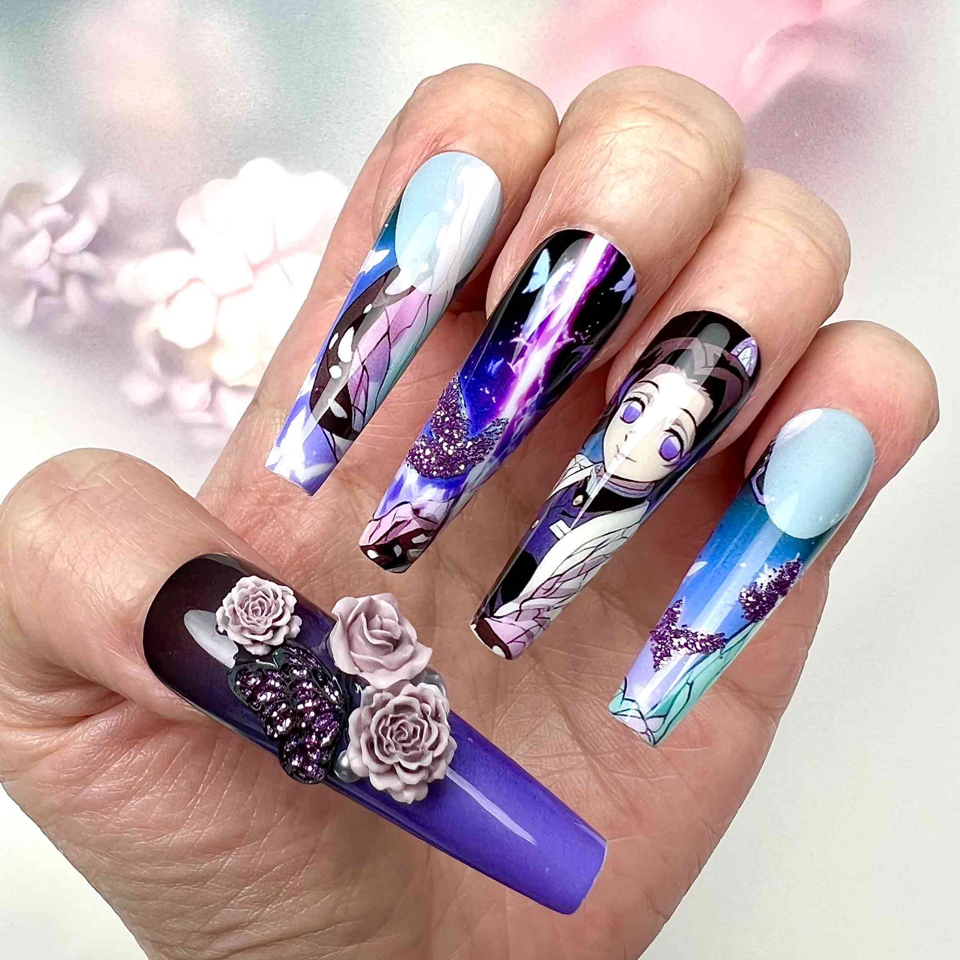 Shinobu Kocho Nails – Demon Slayer KNY Press-On Set, 3D Rose &amp; Butterfly Wing Anime Design | Dragonnail