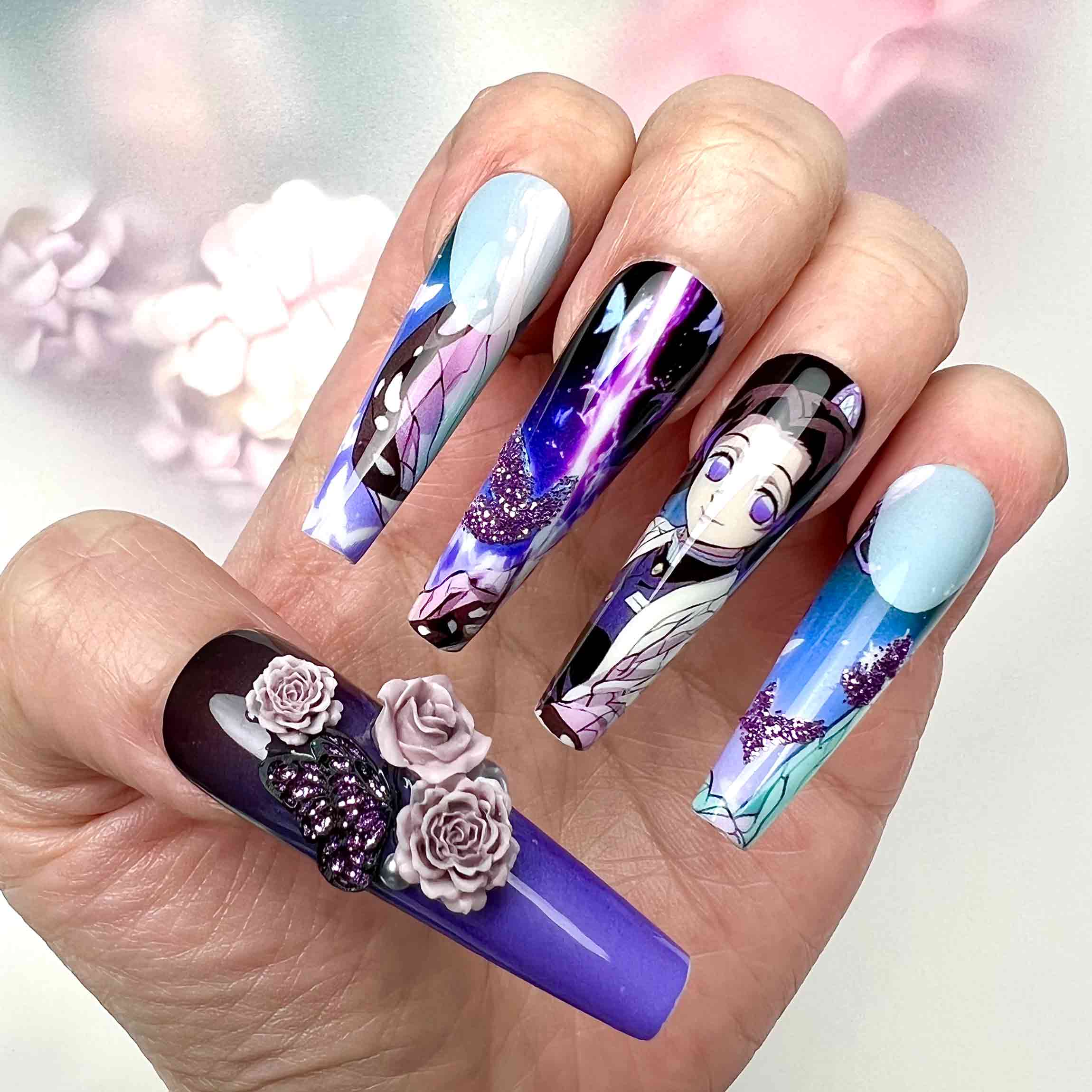 Shinobu Kocho Nails – Demon Slayer KNY Press-On Set, 3D Rose &amp; Butterfly Wing Anime Design | Dragonnail