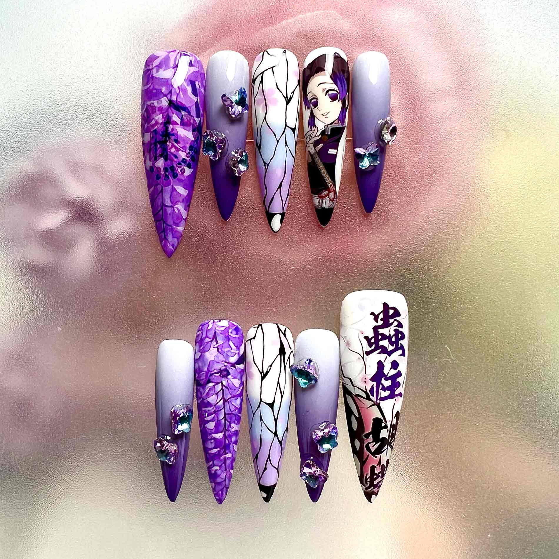 Shinobu Kocho Nails – Demon Slayer KNY Press-On Set, Wisteria &amp; Butterfly Wing, 3D Gem Purple Anime Design | Dragonnail