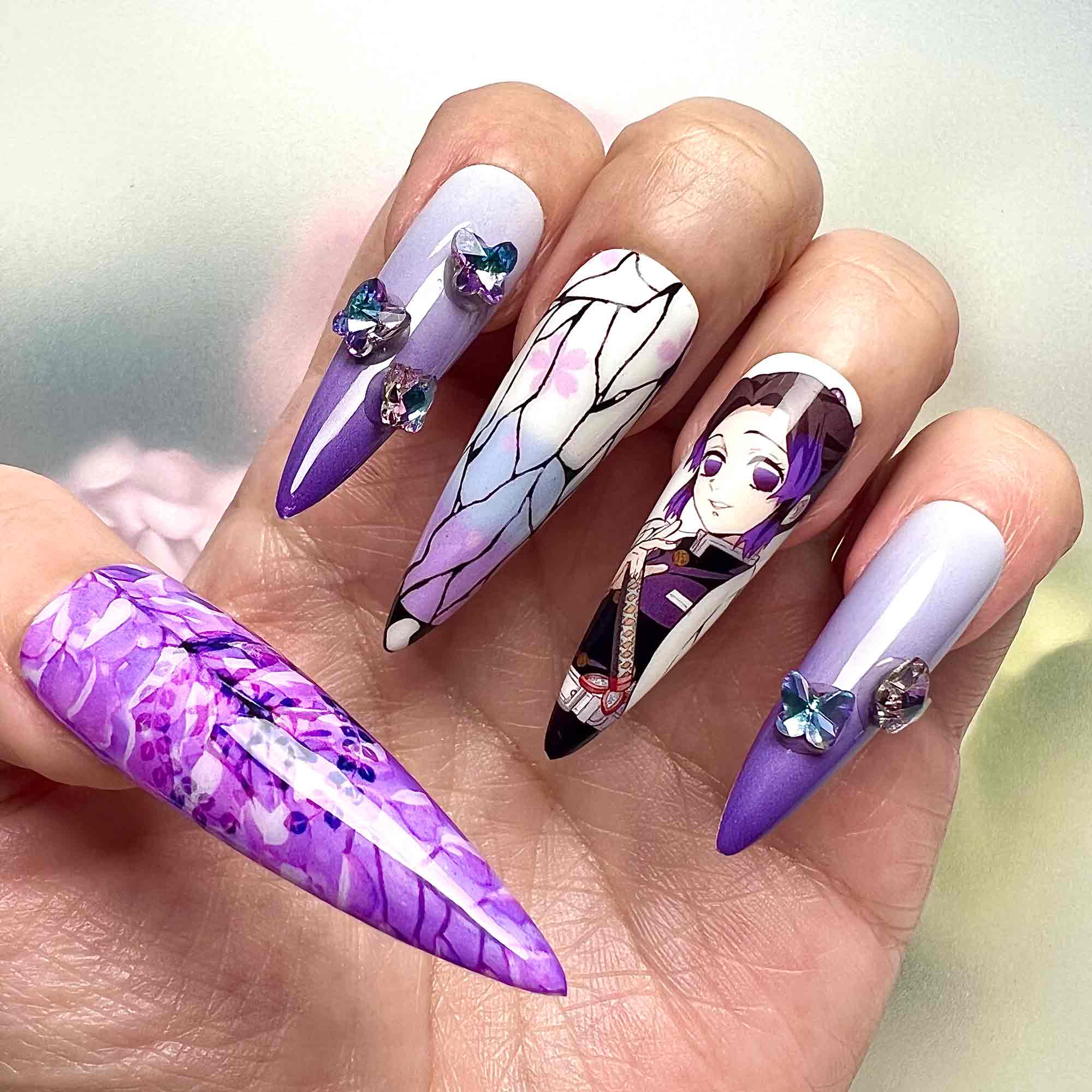 Shinobu Kocho Nails – Demon Slayer KNY Press-On Set, Wisteria &amp; Butterfly Wing, 3D Gem Purple Anime Design | Dragonnail