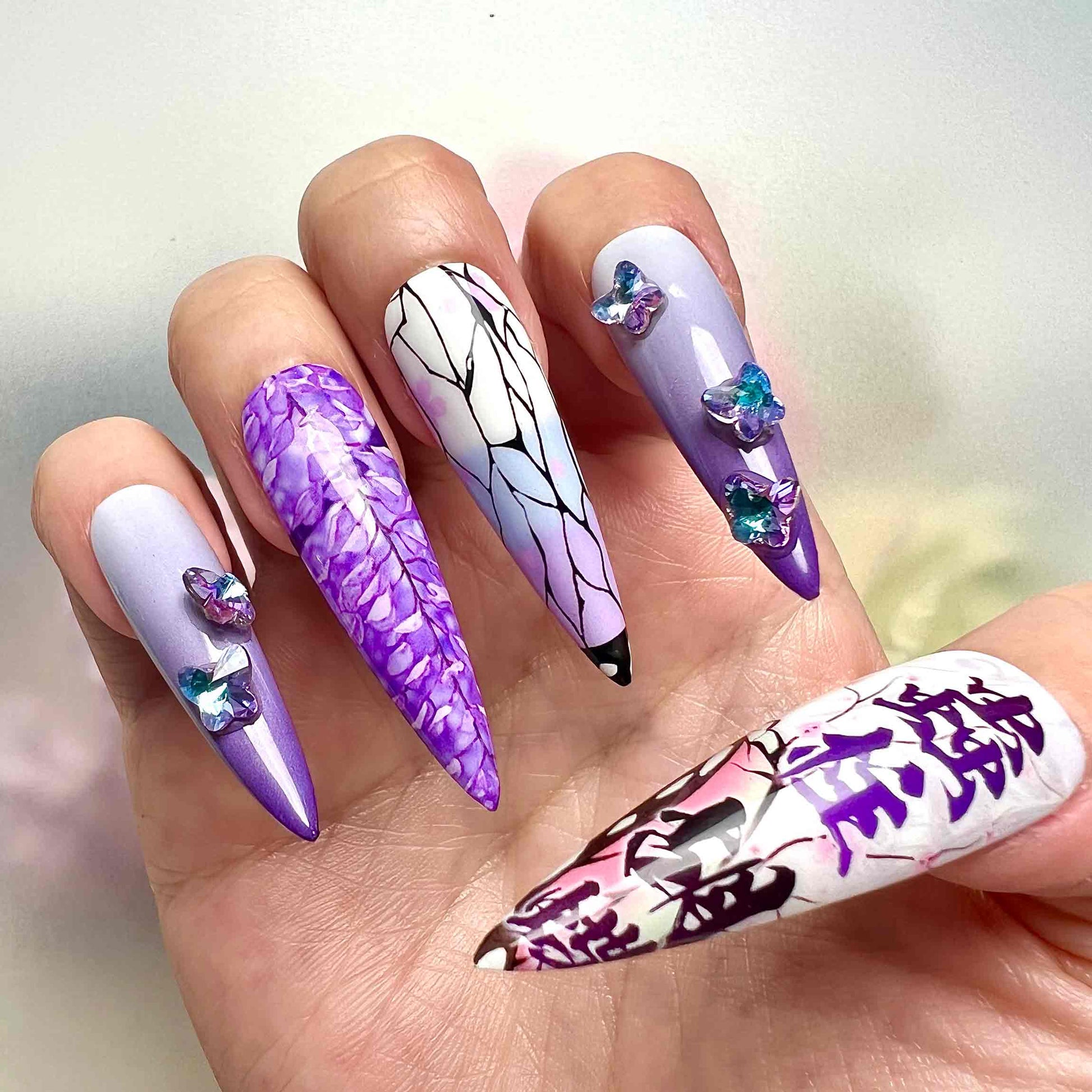 Shinobu Kocho Nails – Demon Slayer KNY Press-On Set, Wisteria &amp; Butterfly Wing, 3D Gem Purple Anime Design | Dragonnail