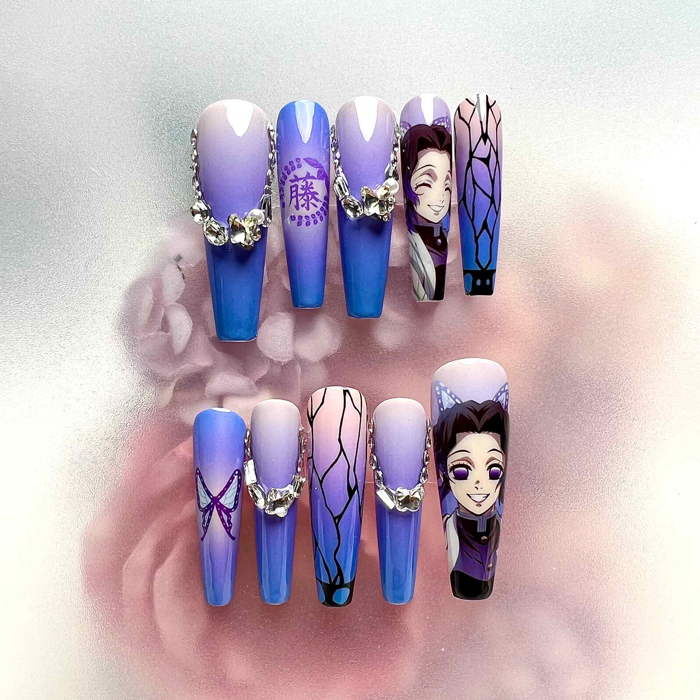 Shinobu Kocho Nails – Demon Slayer KNY Press-On Set, 3D Gem &amp; Butterfly Wing Purple Ombré Design | Dragonnail