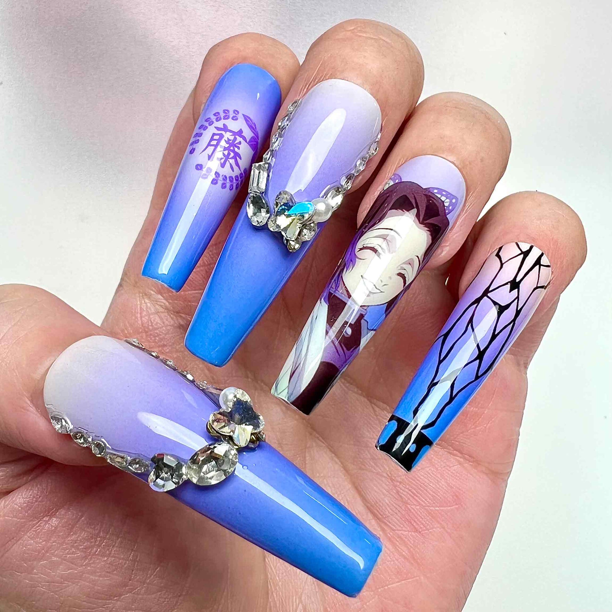 Shinobu Kocho Nails – Demon Slayer KNY Press-On Set, 3D Gem &amp; Butterfly Wing Purple Ombré Design | Dragonnail