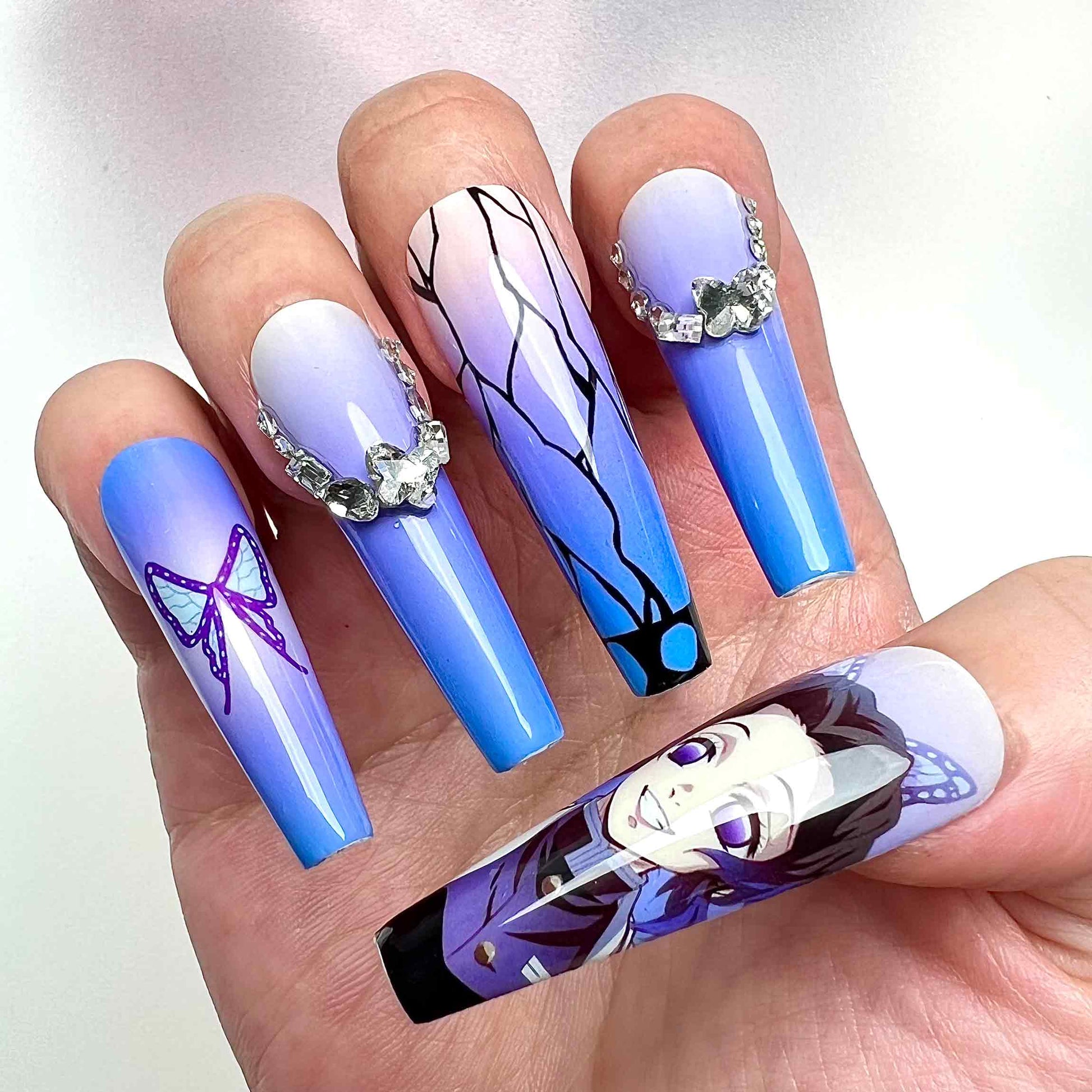 Shinobu Kocho Nails – Demon Slayer KNY Press-On Set, 3D Gem &amp; Butterfly Wing Purple Ombré Design | Dragonnail