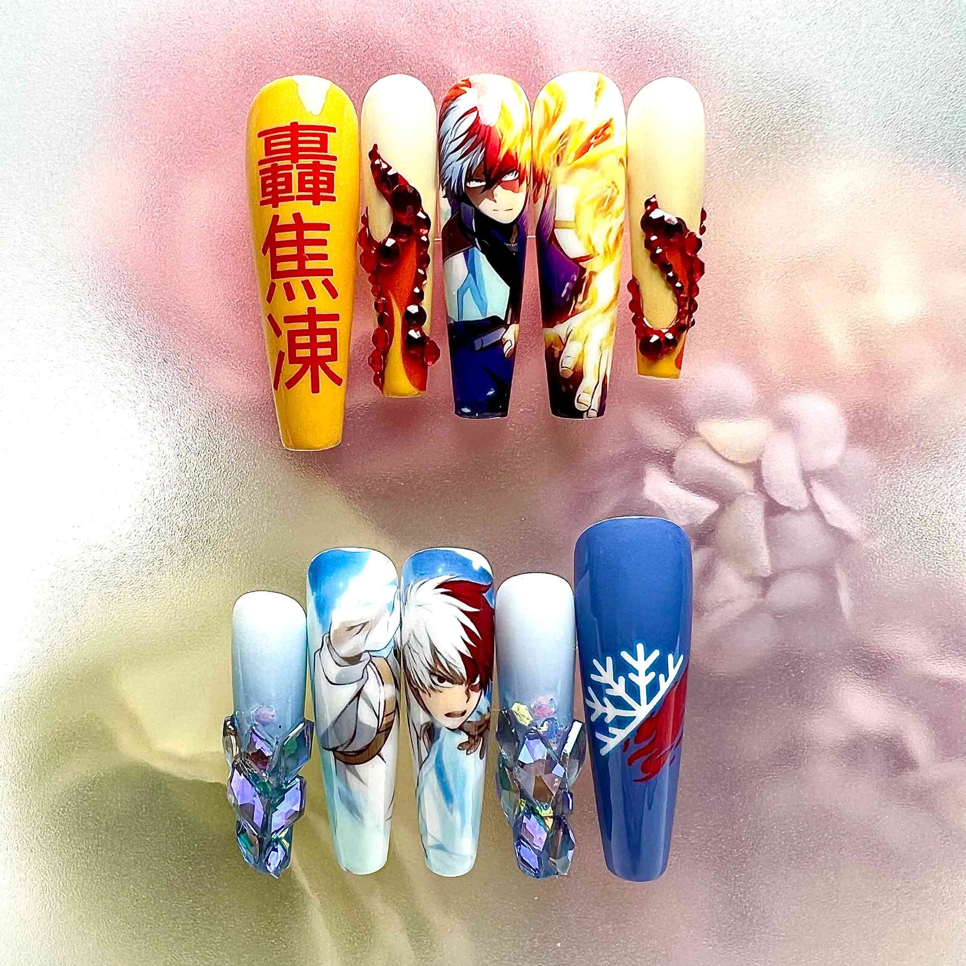 Todoroki Nails – My Hero Academia Press-On Nail Set, Fire &amp; Ice Dual Power Edition | Dragonnail