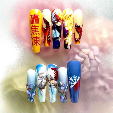 Todoroki Nails – My Hero Academia Press-On Nail Set, Fire &amp; Ice Dual Power Edition | Dragonnail