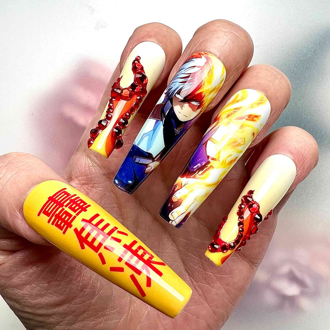 Todoroki Nails – My Hero Academia Press-On Nail Set, Fire &amp; Ice Dual Power Edition | Dragonnail