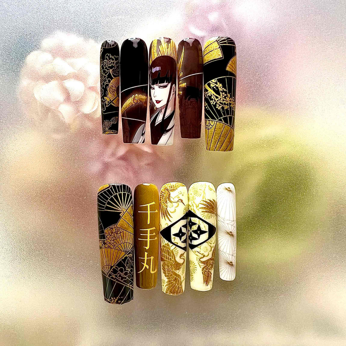 Senjumaru Shutara Nails – Bleach TYBW Press-On Set, Gold Fan &amp; Crane Japanese Art Design | Dragonnail